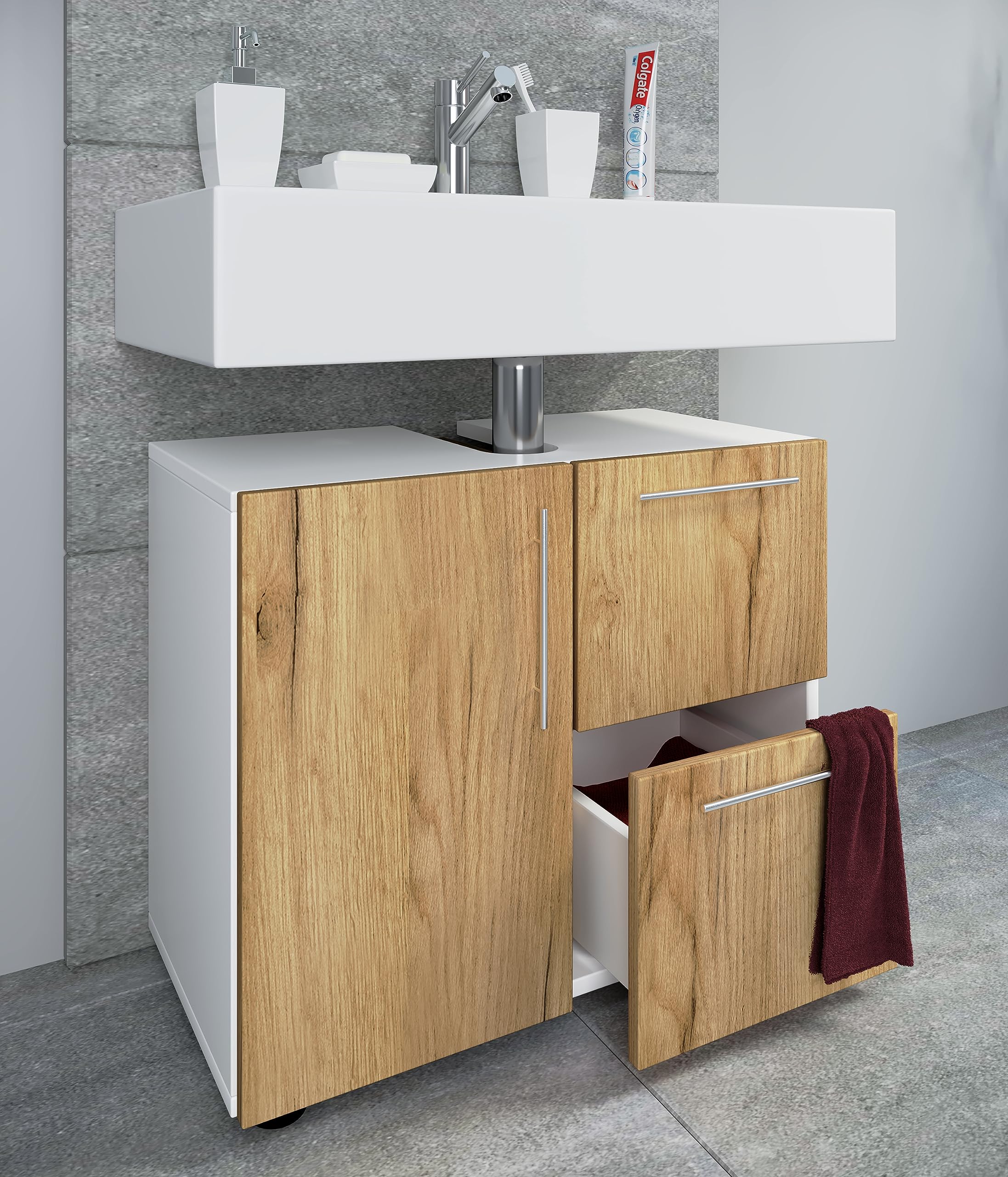 VCM Meuble de Salle de Bains Meuble sous lavabo Salle de Bains Flandu Tiroir Meuble de Salle de Bains Meuble sous lavabo Salle de Bains Flandu Tiroir Blanc/Chêne Miel