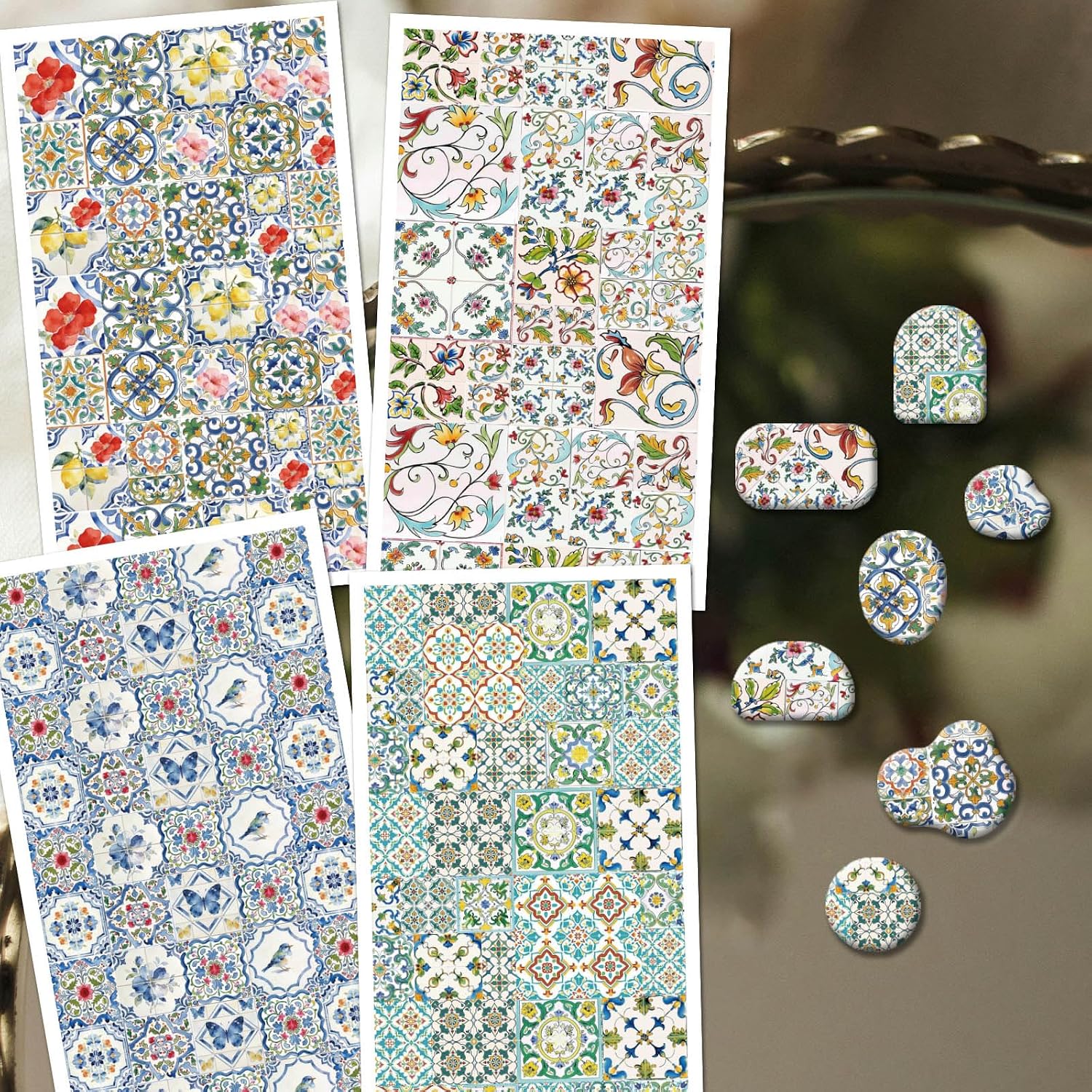 OLYCRAFT 24Pcs Patterned Tiles Clay Transfer Paper 4 Design Transfers Paper for Polymer Mediterranean Style Floral Polymer Clay Transfer Sheets Small Ceramic Decal for Clays Earrings Jewelry Making
