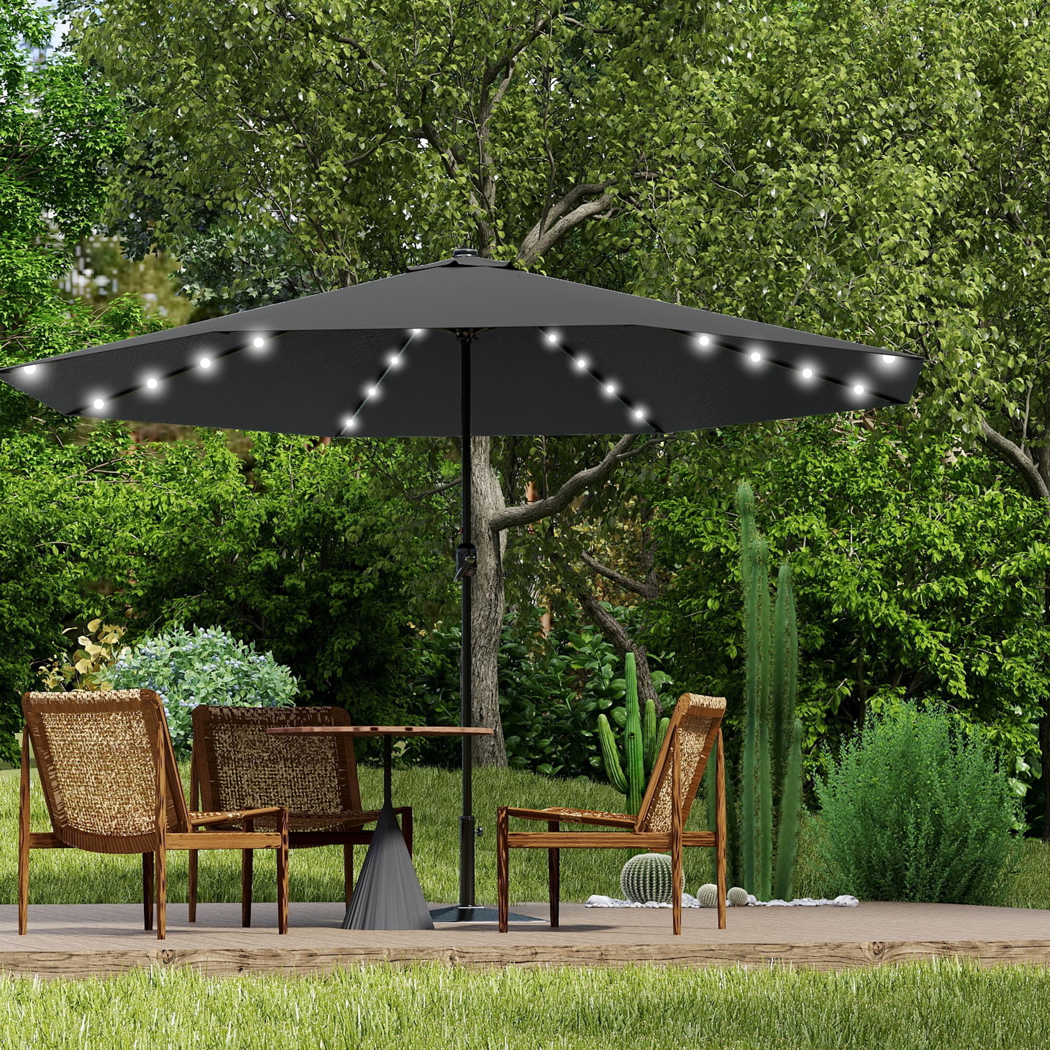 LZQ Sonnenschirm Balkon Ø 350cm Gartenschirm mit Solar LED Beleuchtung Alu Marktschirm mit Handkurbel Strandschirm Rund Terrassenschirm Wasserabweisende UPF 40+(Dunkelgrau, Winkel Nicht Verstellbar)
