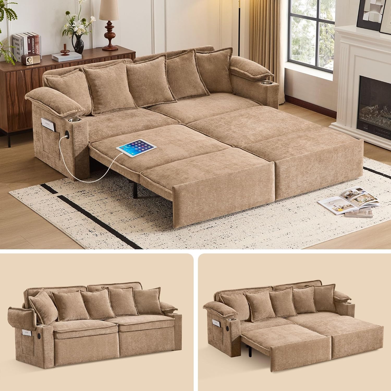 SUNWAVE 83" Sleeper Sofa, 3-in-1 Pull Out Sofa Bed with USB Ports, Couch Bed with Cup Holders & Side Pockets, Corduroy Convertible Sleeper Couch for Living Room, Small Spaces (Gray)