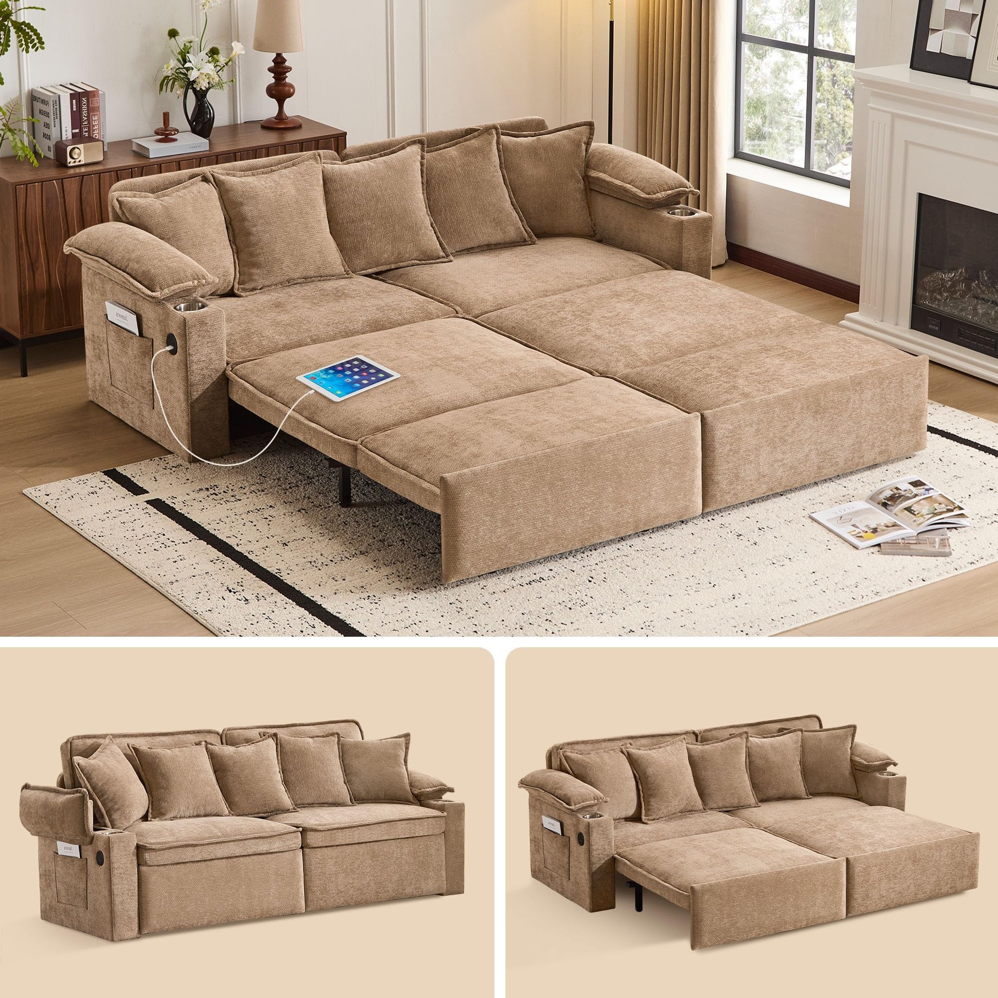 SUNWAVE 83" King Size Sleeper Sofa, 3-in-1 Pull Out Sofa Bed with USB Ports, Couch Bed with Cup Holders & Side Pockets, Corduroy Convertible Sleeper Couch for Living Room, Small Spaces (Brown)
