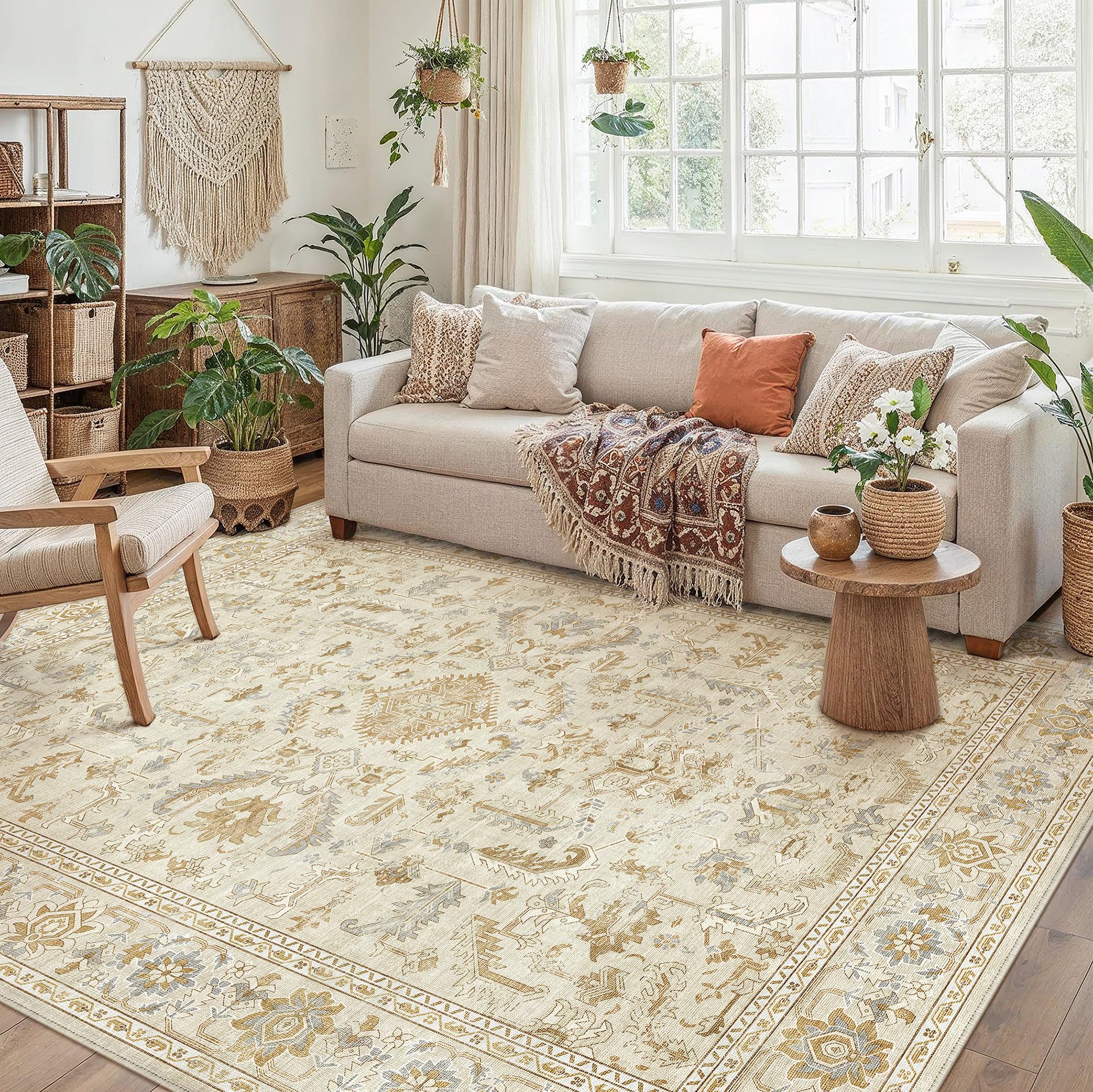 PureCozy Large Living Room Area Rug 240x300cm Vintage Washable Carpet,Grey