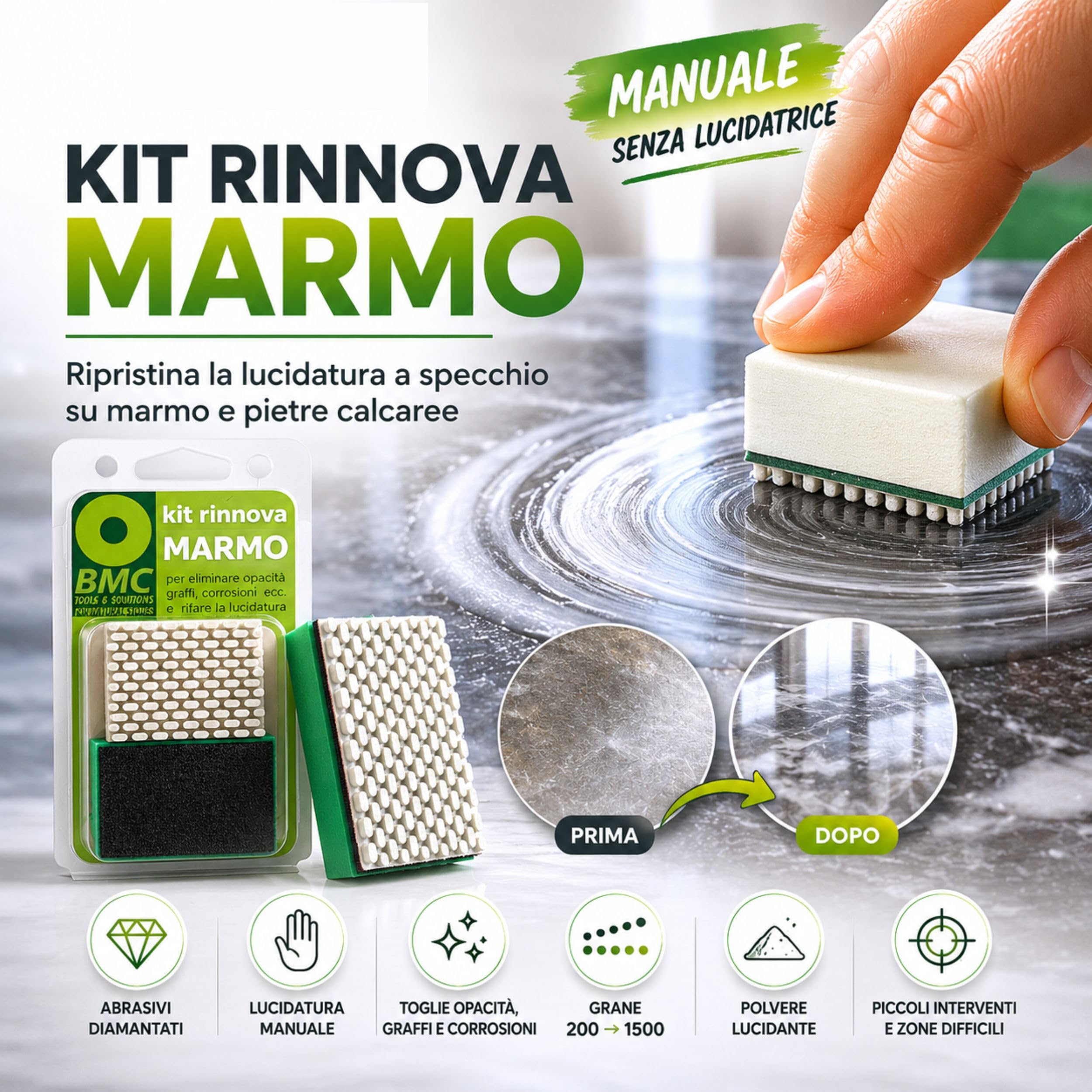PIETRE D'ALPI Kit Lucidatura Marmo Manuale + BMC Saponetta Lucidante | Abrasivi diamantati grane 200-1500, polvere lucidante, saponetta chimica solida, uso a mano su marmo e pietre calcaree