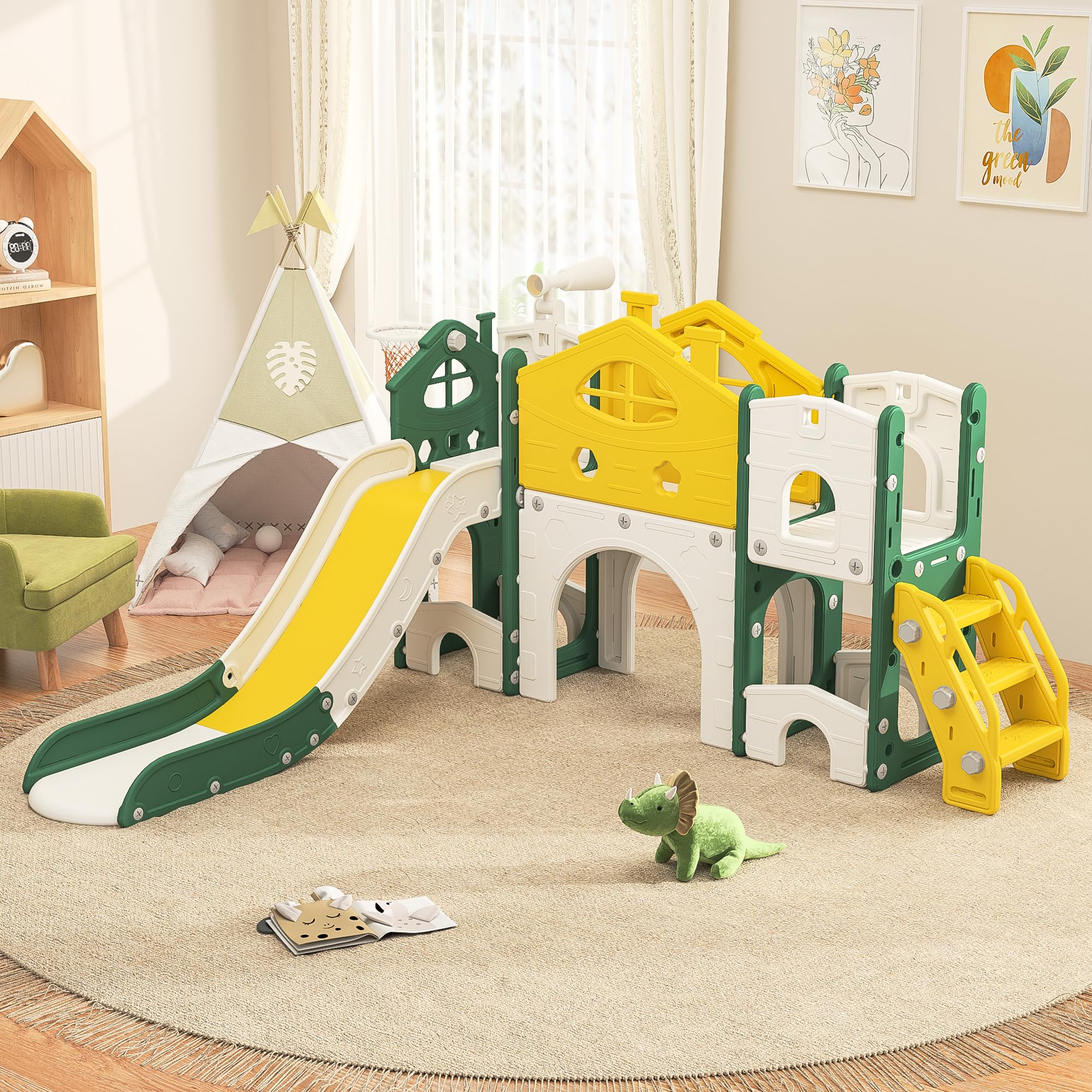 Scivolo per bambini 7 in 1, con corsia, scala, telaio a biglie, telescopio, per uso interno ed esterno per bambini, scivolo multifunzionale (Giallo B, 193,5 x 166 x 96,5)