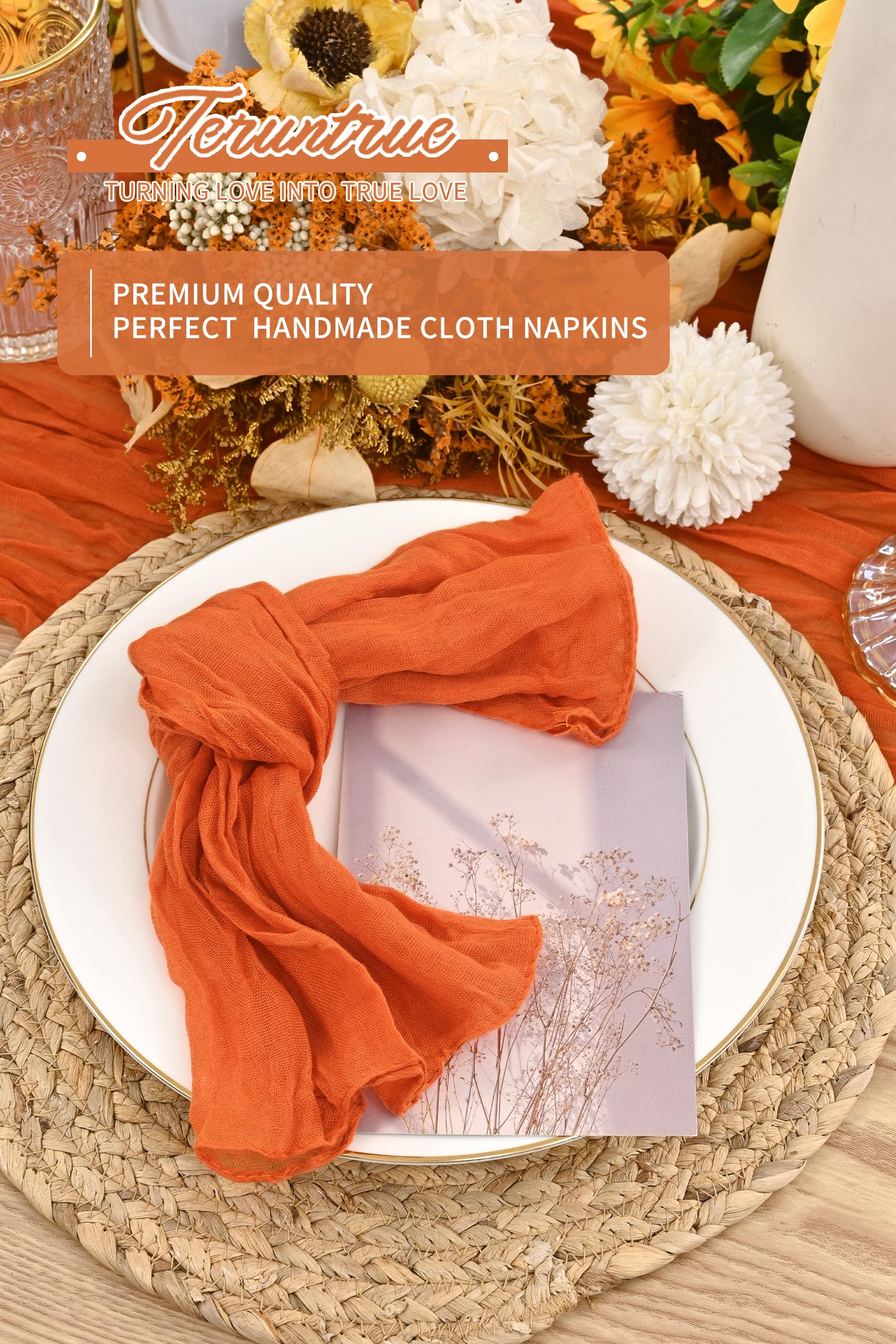 42 Pack Gaze-Käsetuch-Servietten Orange 50 x 50 cm Gebranntes Orange geknitterte Dinner-Servietten, rustikale Boho weiche Stoffservietten für Hochzeit Party Event Tischdekoration