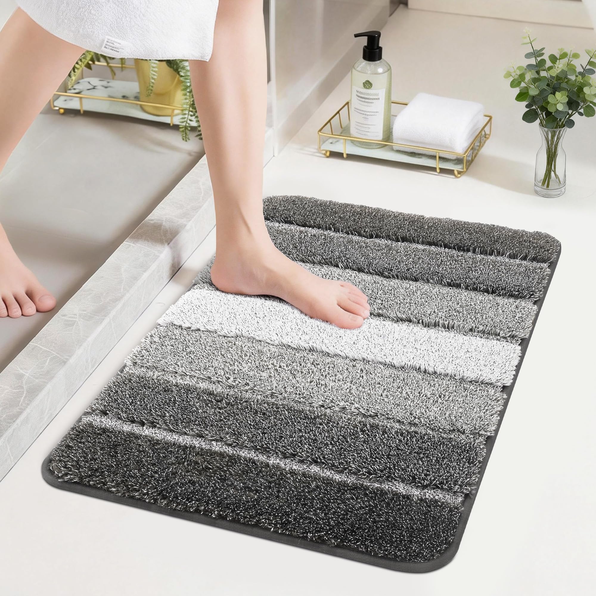 COSY HOMEER Soft Absorbent Bath Mat, 40 x 60 cm, Super Non-Slip Backing Bathroom Mat, Ultra Shaggy Thick Bathroom Foot Mat, Dark Grey