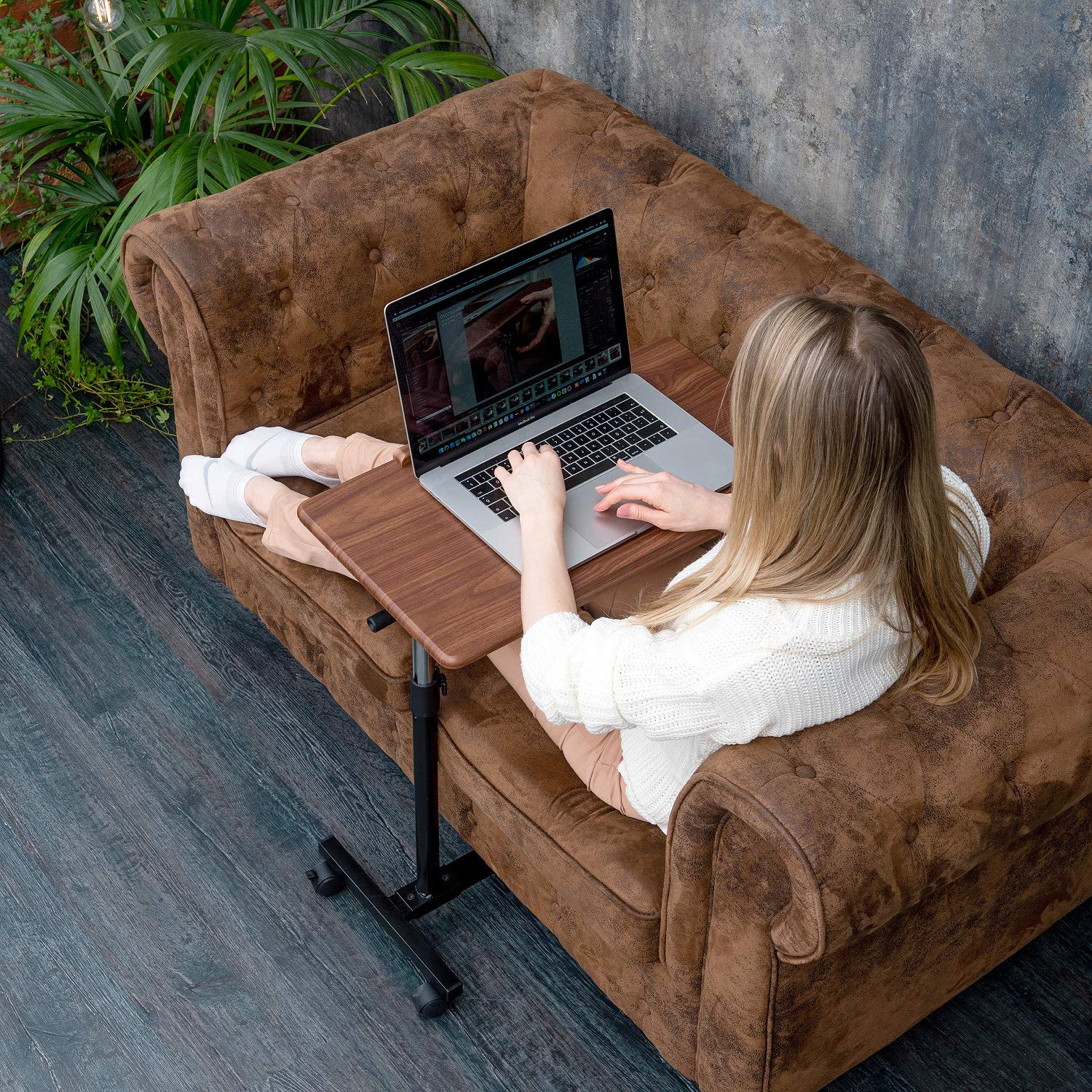 Tatkraft Gain - Laptoptisch Höhenverstellbar, mit Rollen, Laptoptisch Sofa & Bett, Tischplatte Einstellbarer, Stahl, Holz
