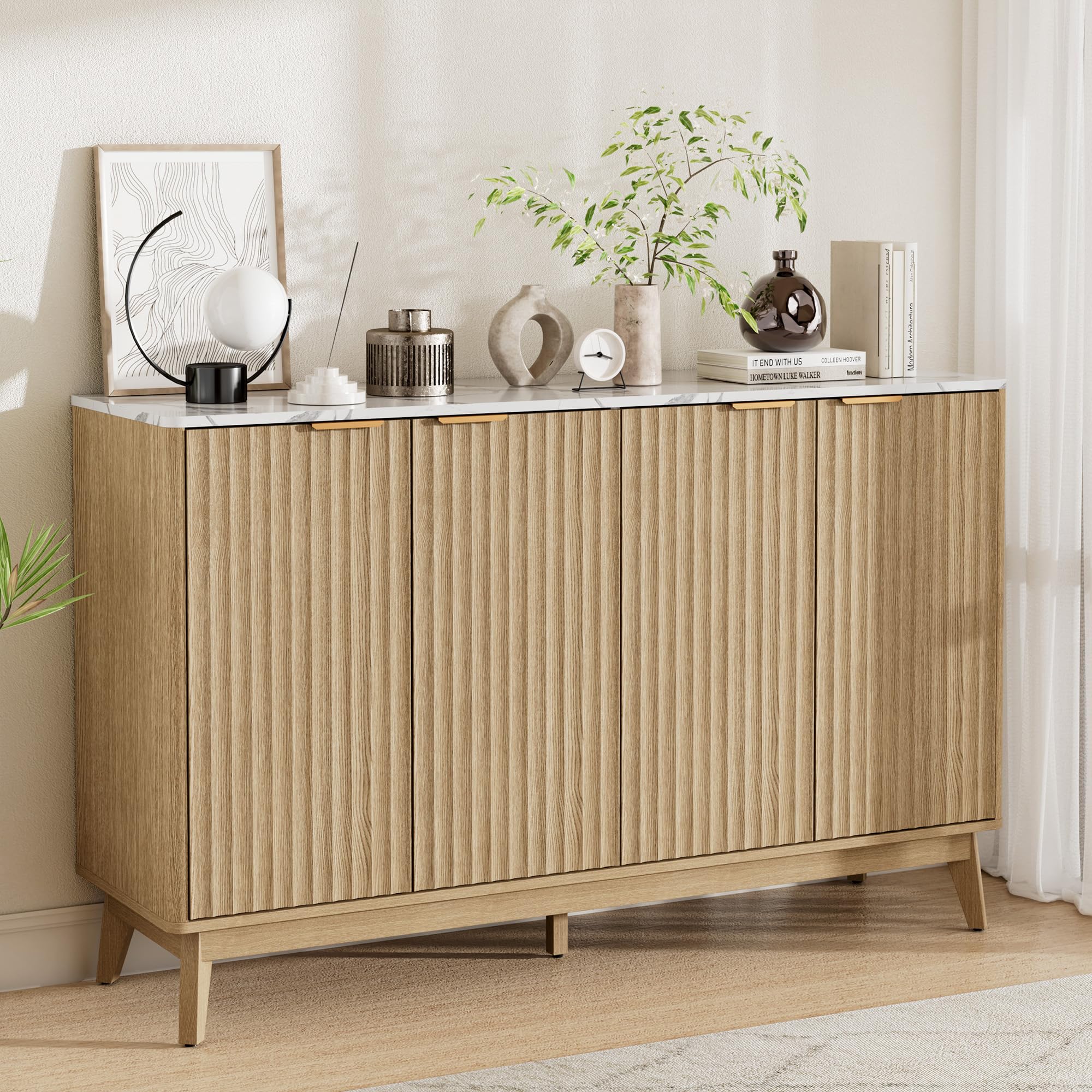 FavourLife Sideboard Cabinet, 55'' Buffet Cabinet with Faux Marble Top & Adjustable Shelf, Modern Fluted Storage Cabinet, Accent Credenza Sideboard