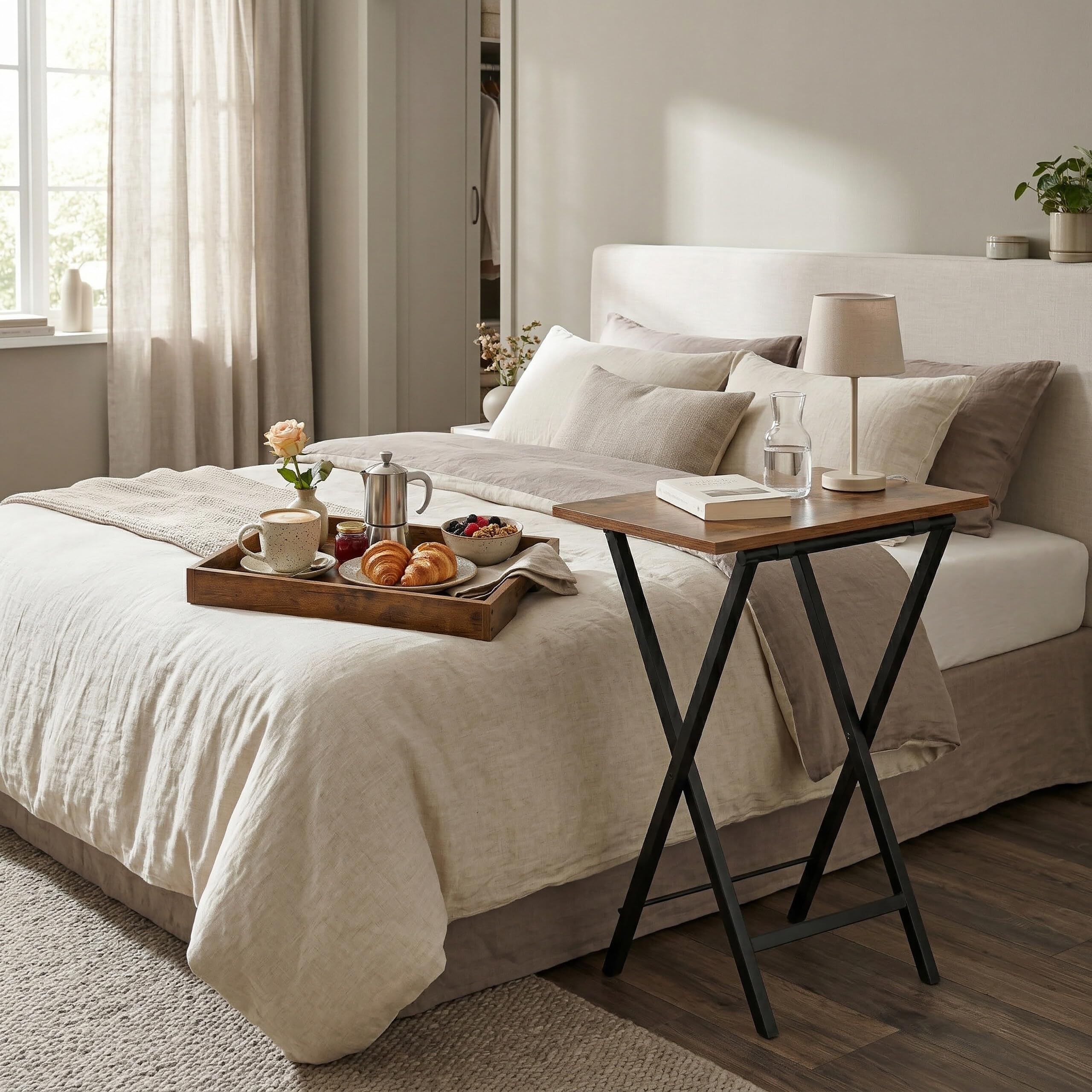 Relaxdays Mesa Auxiliar con Bandeja extraíble, Plegable, 70 x 48 x 36 cm, Estilo Industrial, marrón/Negro