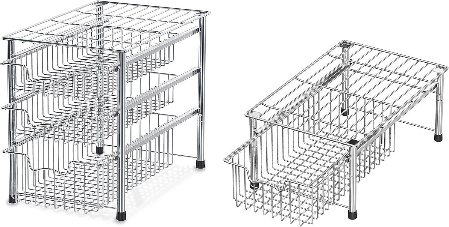 Simple Houseware Stackable 3 Tier Sliding Basket + Single Tier Basket, Chrome