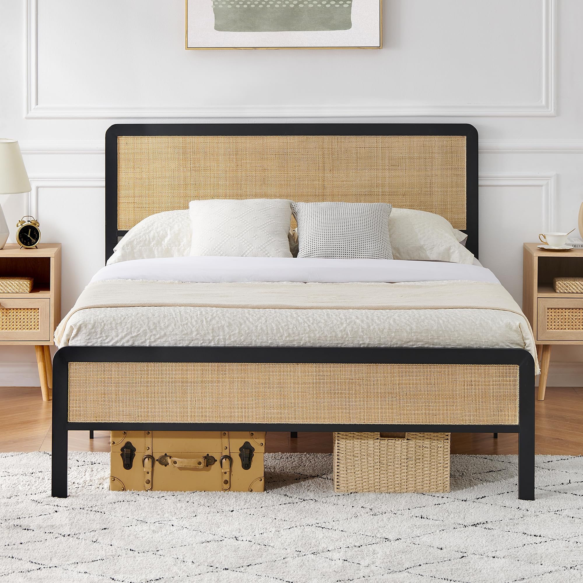 IDEALHOUSE Queen Metal Bed Frame with Rattan Headboard and Footboard, Strong Metal Slat Support, No Box Spring Needed, Queen Size, Black & Oak (Queen(U.S. Standard))