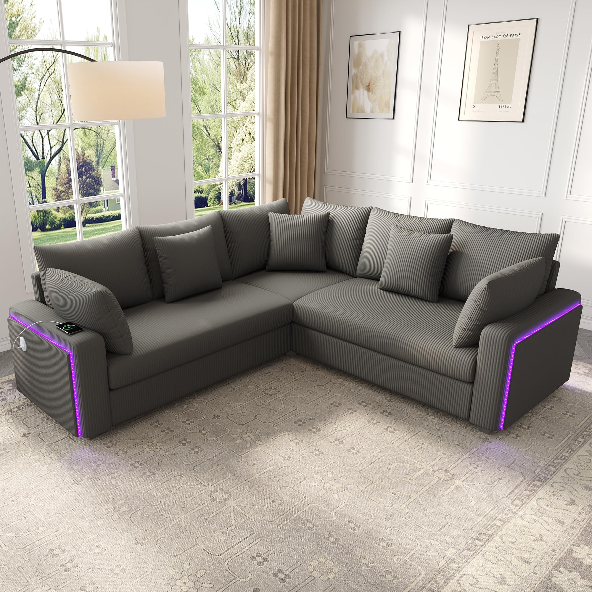 Sapgaks Canapé Convertible en L avec LED et USB C, Canapé d'angle Convertible en Velours Côtelé avec Coussins et Accoudoirs, Canapé Modulable Multifonctionnel au Salon Appt, Gris