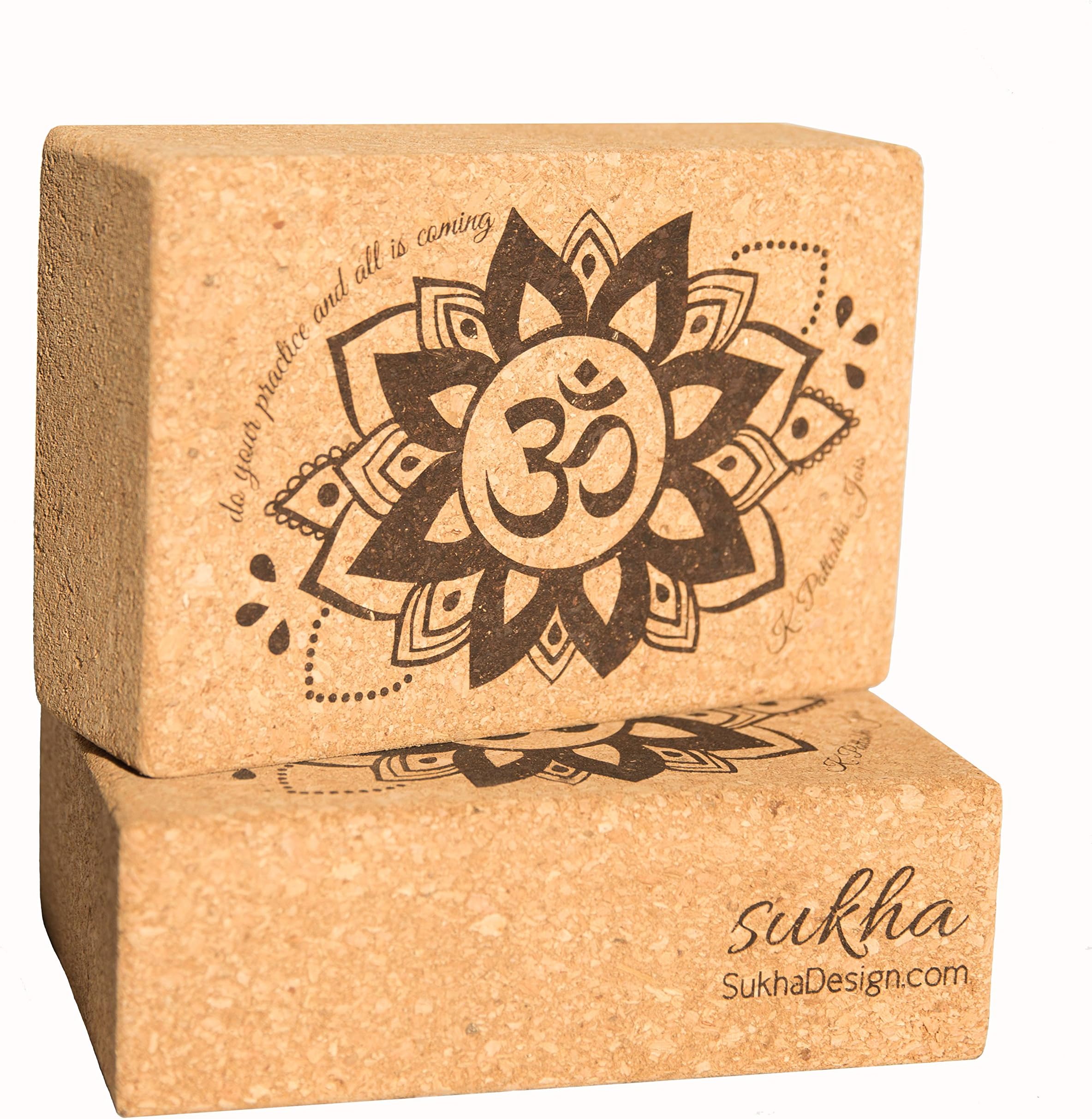 Sukha Designs Natural Cork Handcrafted and Custom Engraved Yoga Block / Brick for Yoga Support, Set of 2, Om Design