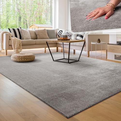 Paco Home Alfombra Moderna y Suave para Salón a Pelo Corto Lavable Fluffy Uni Efecto Piel Intemporal Elegante Antideslizante Fácil de Limpiar, tamaño:240x340 cm, Color:Gris