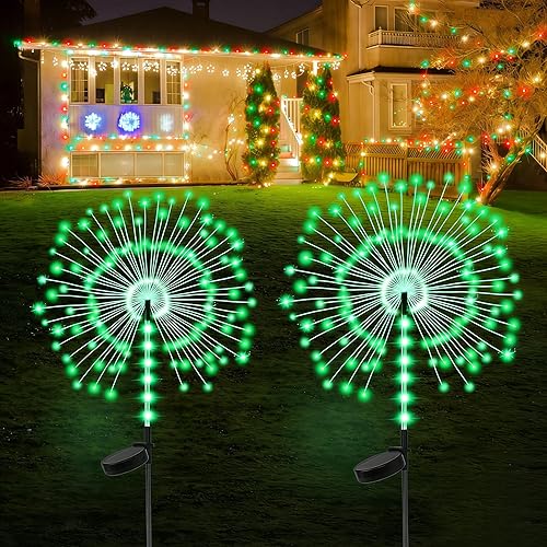 Miniatura 14 de Paquete de 4 luces solares decorativas para exteriores con 480 LED, luces solares impermeables de fuegos artificiales con 8 modos, adecuadas