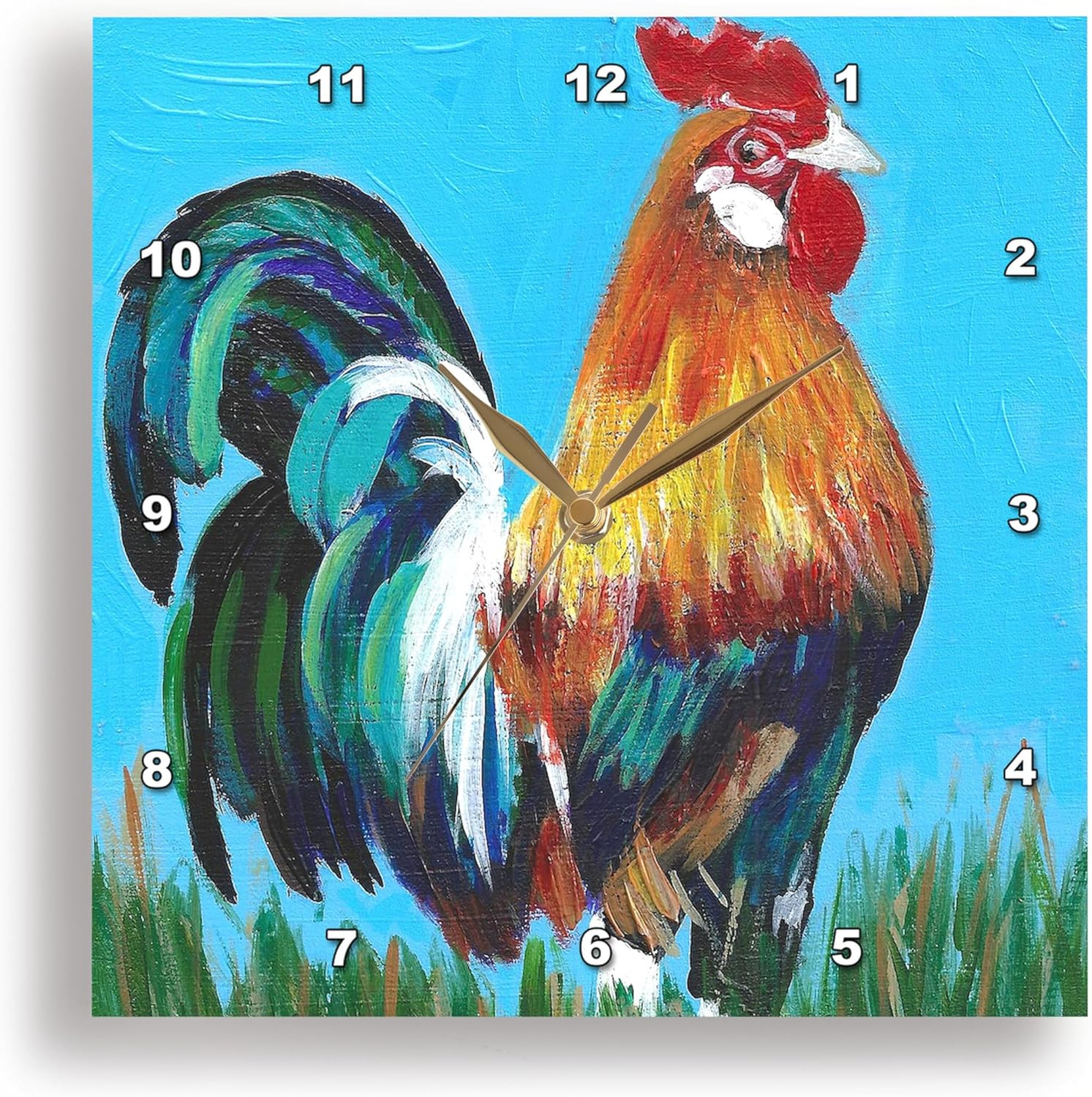 3dRose Wall Clock Silent - 15 inch - Rooster on Blue Background - A. Torres Art Animals