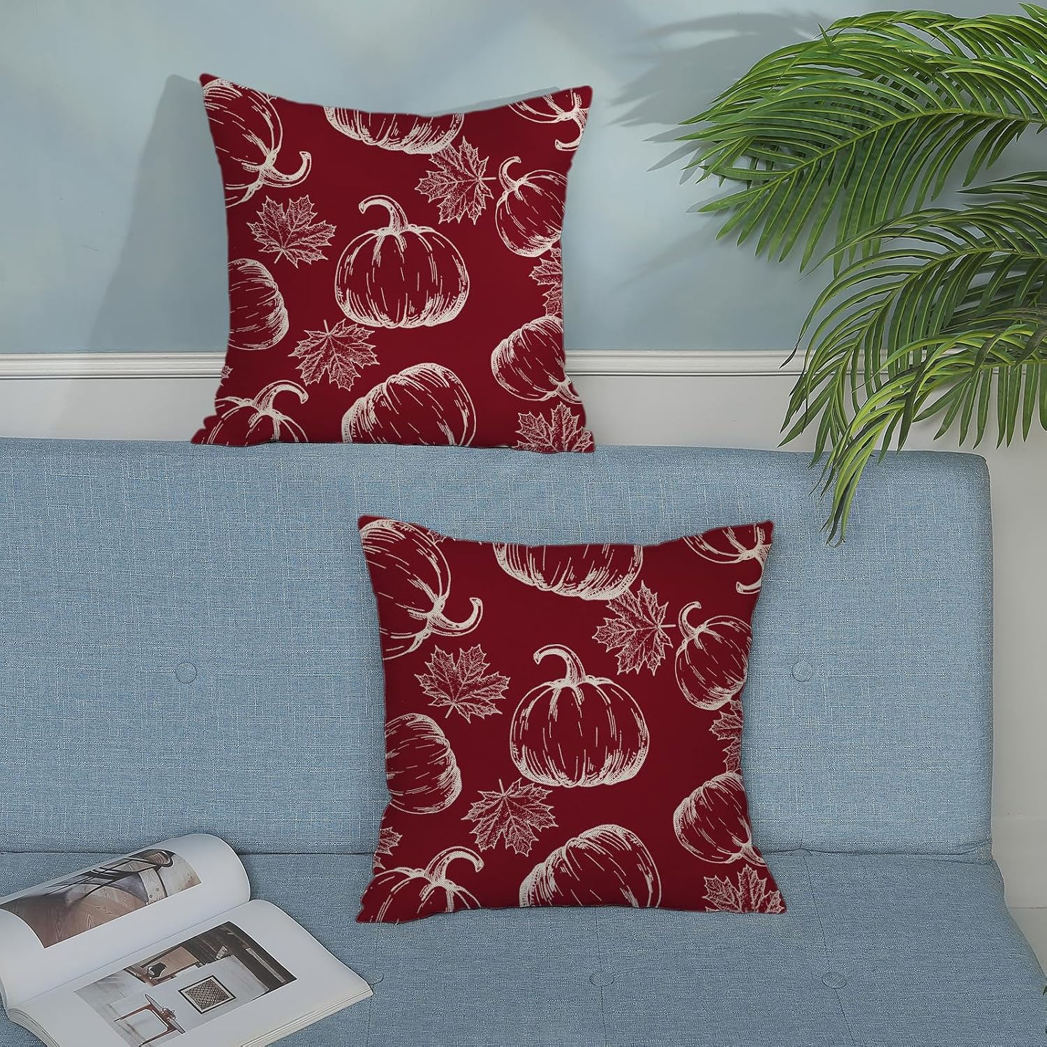 Fall Decor Red Pumpkin Maple Leaf Throw Pillow Covers 18x18 Set Of 2 image 3