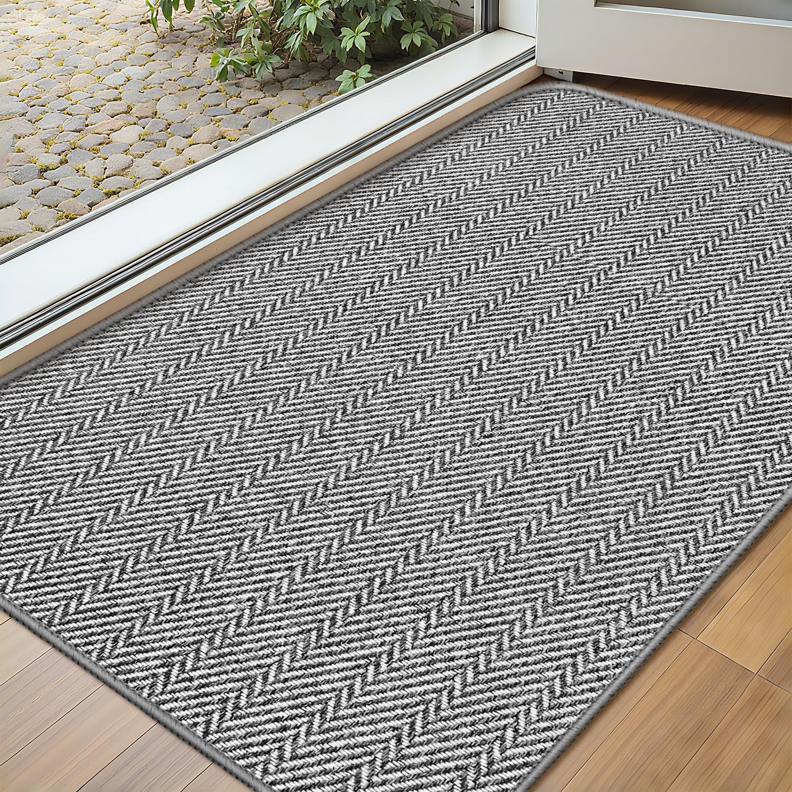 Ultra Thin Door Mat Indoor Entrance 17"x29", Low-Profile Indoor Door Mat, Non Slip Entry Mat Rubber Backing Unique Herringbone Design Inside Doormat Dirt Trapper Entryway Mats, Grey