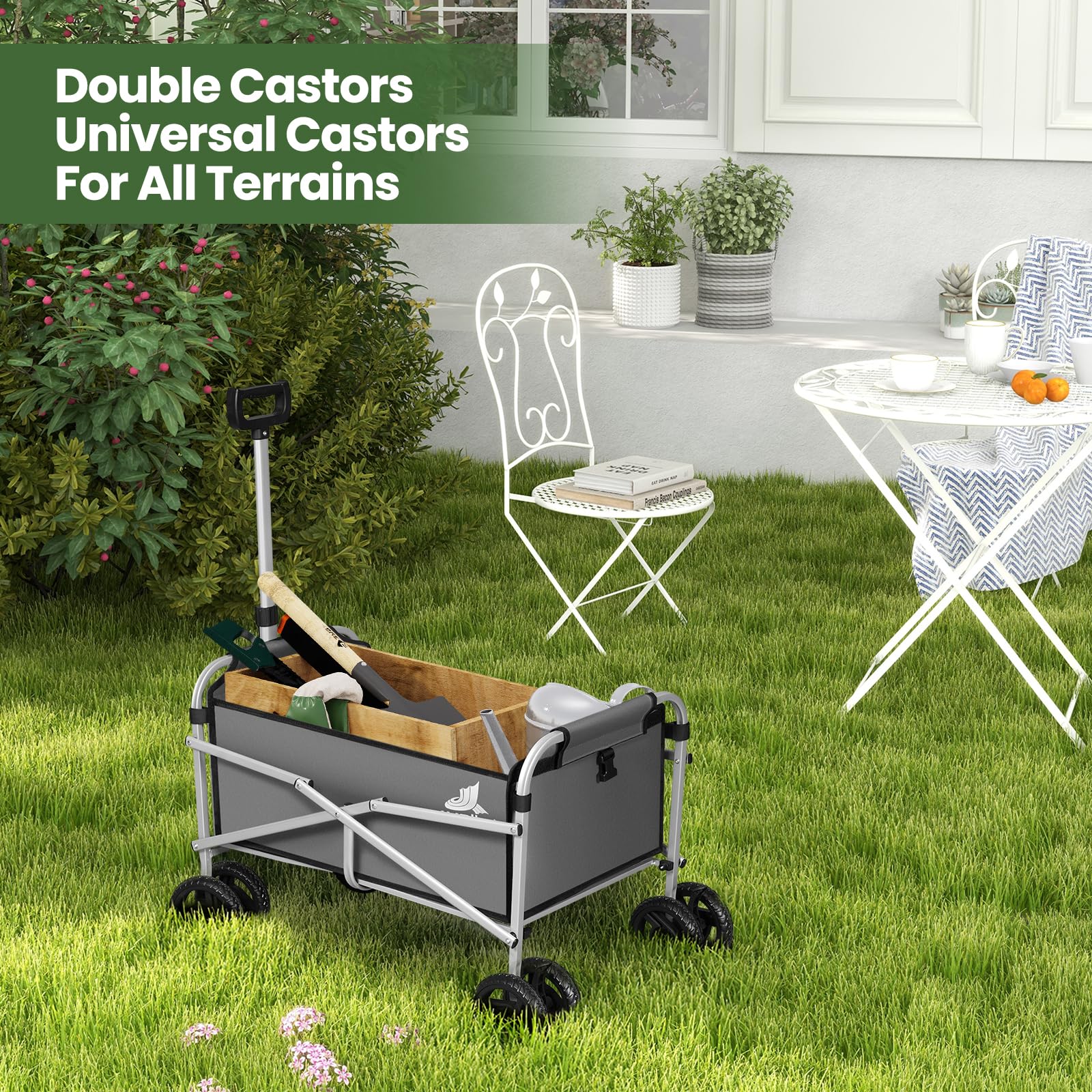 WOLTU Chariot de Jardin Pliable, Chariot à roulettes pour Camping, Pique-Nique, Plage, Courses, Jardinage, en Tissu Oxford+Métal, Gris Foncé