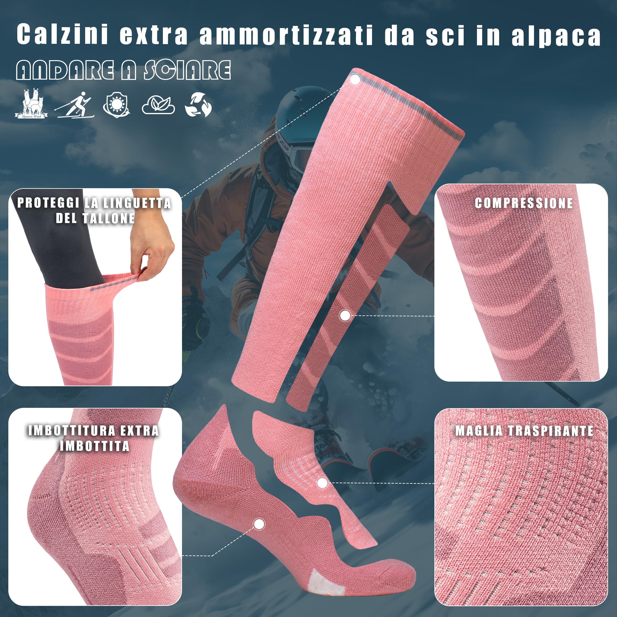 2 Paia Calze Sci in Lana Alpaca Per Uomo e Donna, Calzini Invernali Caldi a Compressione fino al Ginocchio per Sci, Snowboard e Sport Invernali, Escursionismo e Passeggiate, Taglia 35-51