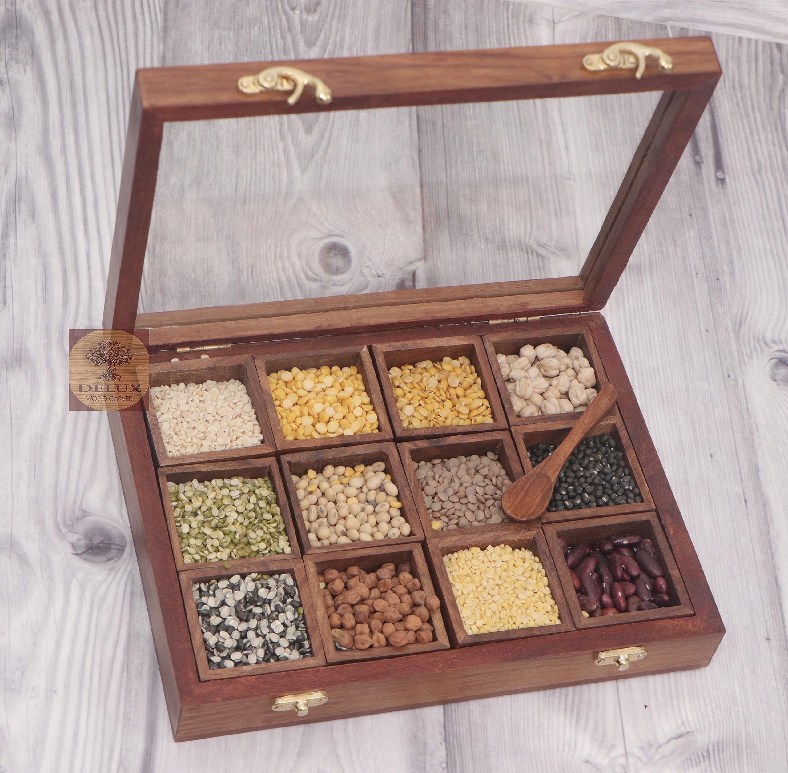 DELUX WOOD CARVER Wooden Handmade Spice Box With 12 Containers And A 1 Spoon // Twelve Blends Masala Box, Brown (B09LVMXY8R) Amazon Price History, Amazon Price Tracker