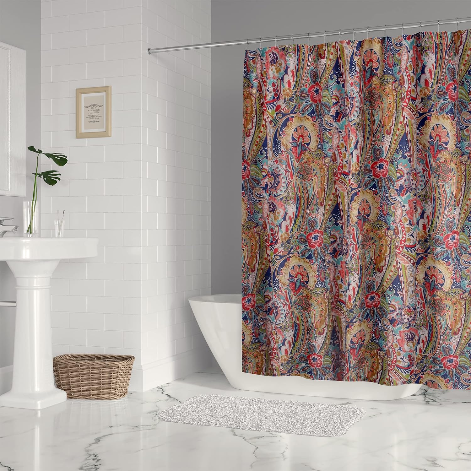 Levtex Home - Nanette - Shower Curtain (72x72in.) with Button Holes - Bohemian Paisley - Navy, Teal, Green, Red, Gold, Pink - Cotton Fabric