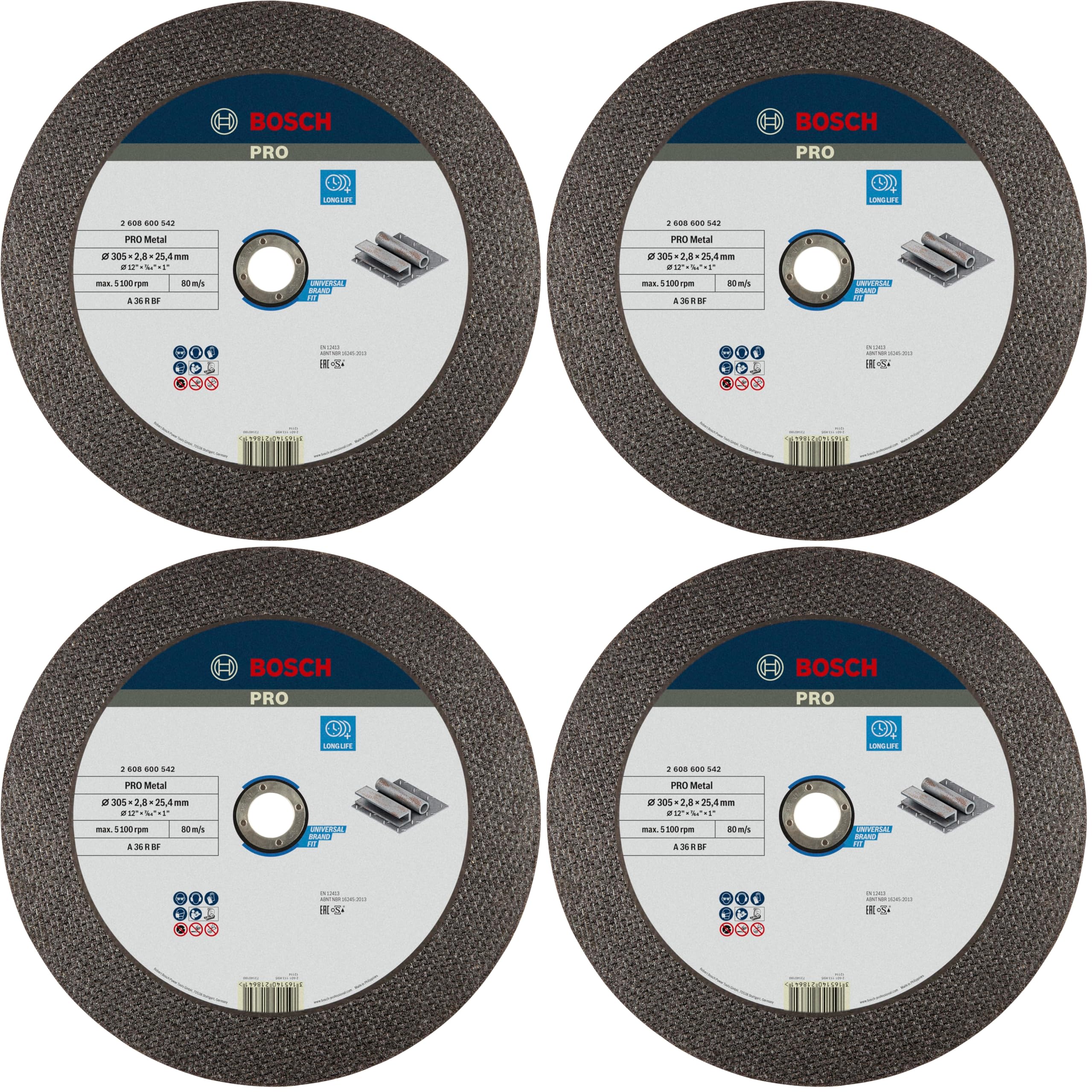 Disque à tronçonner le métal Bosch 300 mm épaisseur 2,8 mm pour tronçonneuse de chantier lot de 4