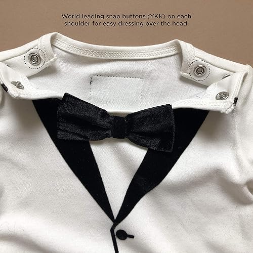 Miniatura 5 de The Tiny Universe Mameluco de esmoquin para bebés y niños elegantes, traje de cuerpo con pajarita de satén, traje de boda de caballero