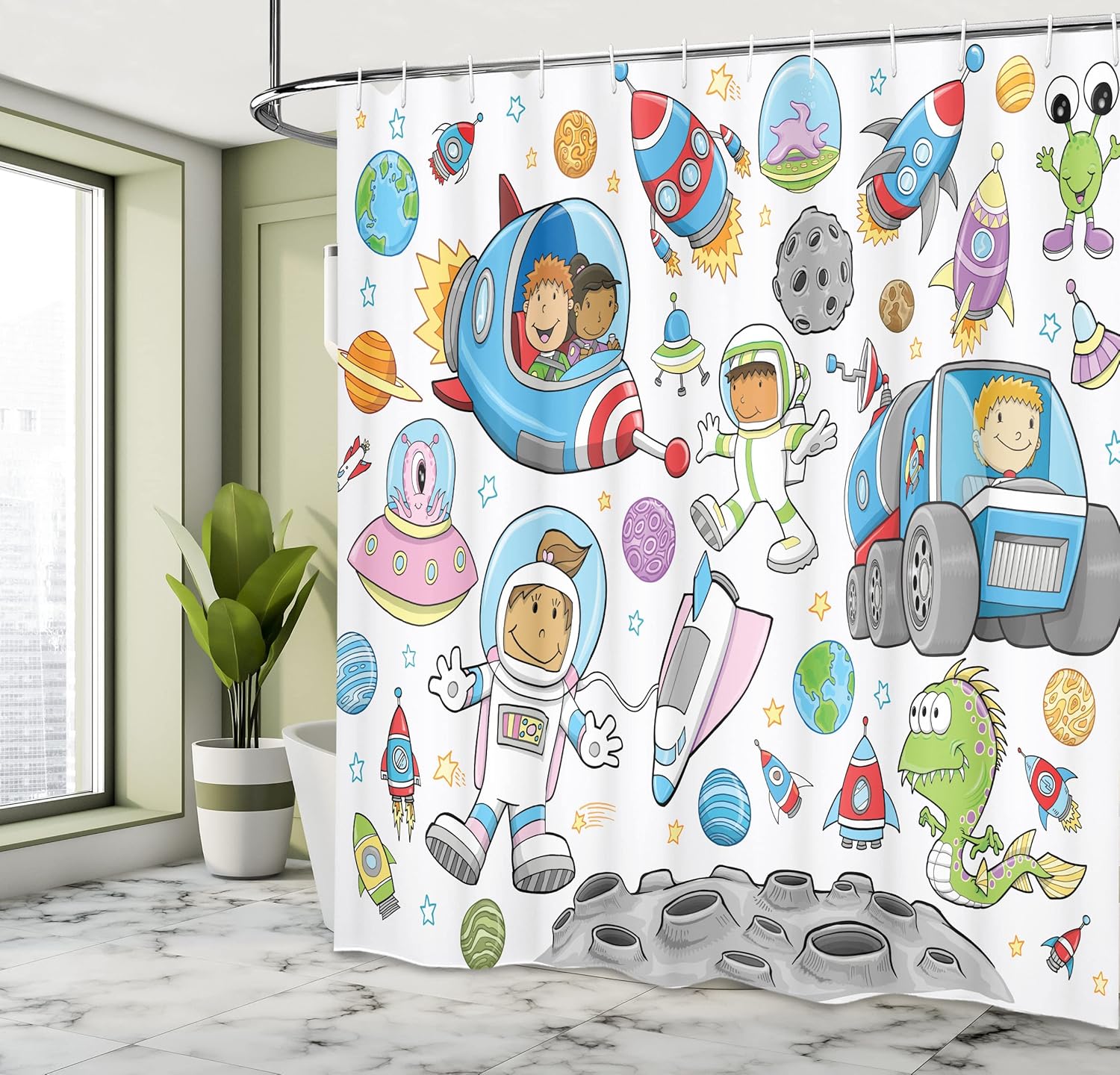 Ambesonne Outer Space Shower Curtain, Deep Space Astronaut Girl Boy Aliens Rockets on Moon Theme, Cloth Fabric Bathroom Decor Set with Hooks, 69" W x 75" L, White Blue Grey