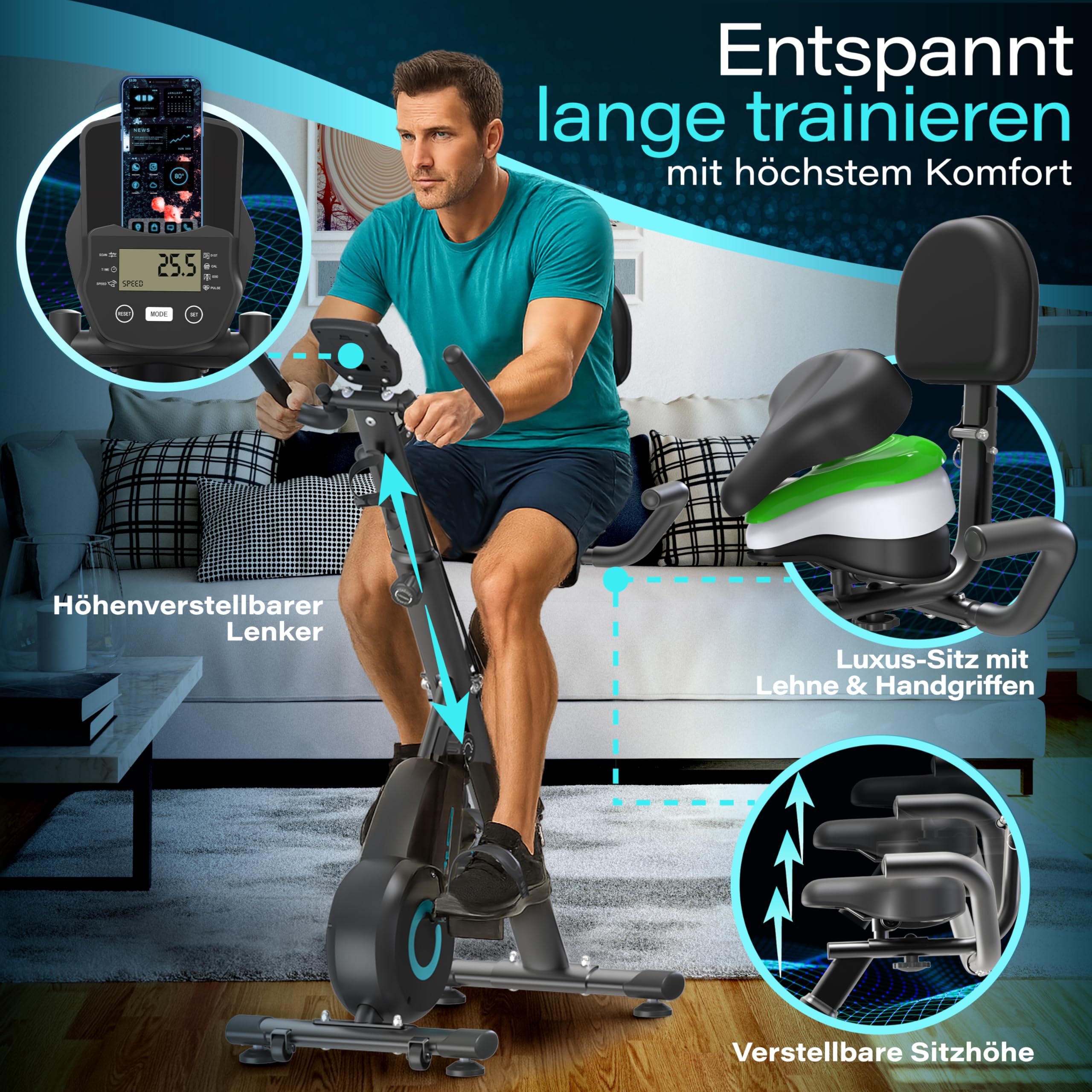 Heimtrainer Fahrrad mit Rückenlehne klappbar [16 Widerstandsstufen] Ergometer Heimtrainer Magnetbremse & LCD-Display | Crosstrainer für Zuhause | Hometrainer Fahrrad Fitnessbikes