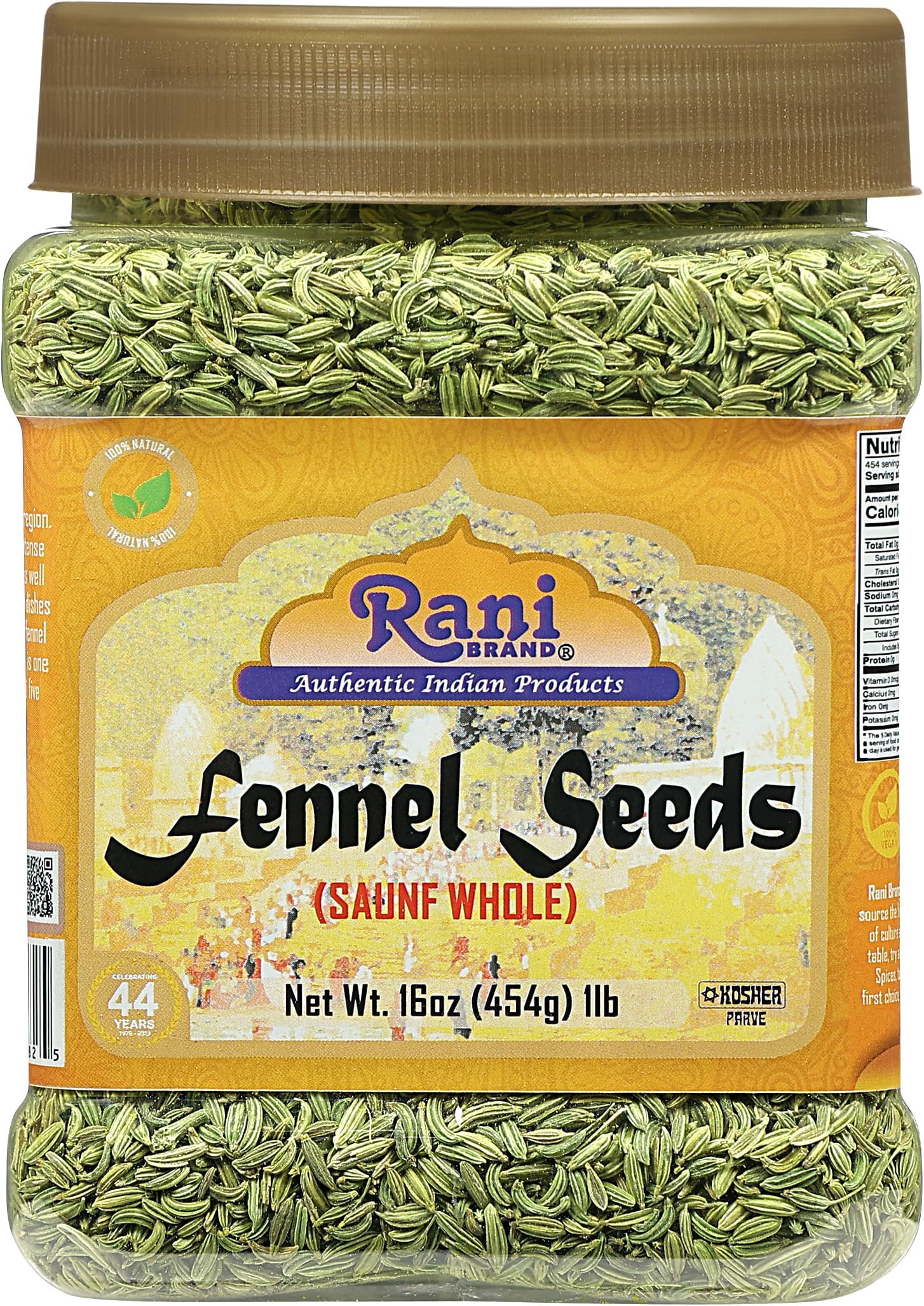 Rani Fennel Seeds (Saunf Sabut) Whole Spice 16oz (1lb) 454g PET Jar ~ All Natural | Gluten Friendly | NON-GMO | Kosher | Vegan | Indian Origin