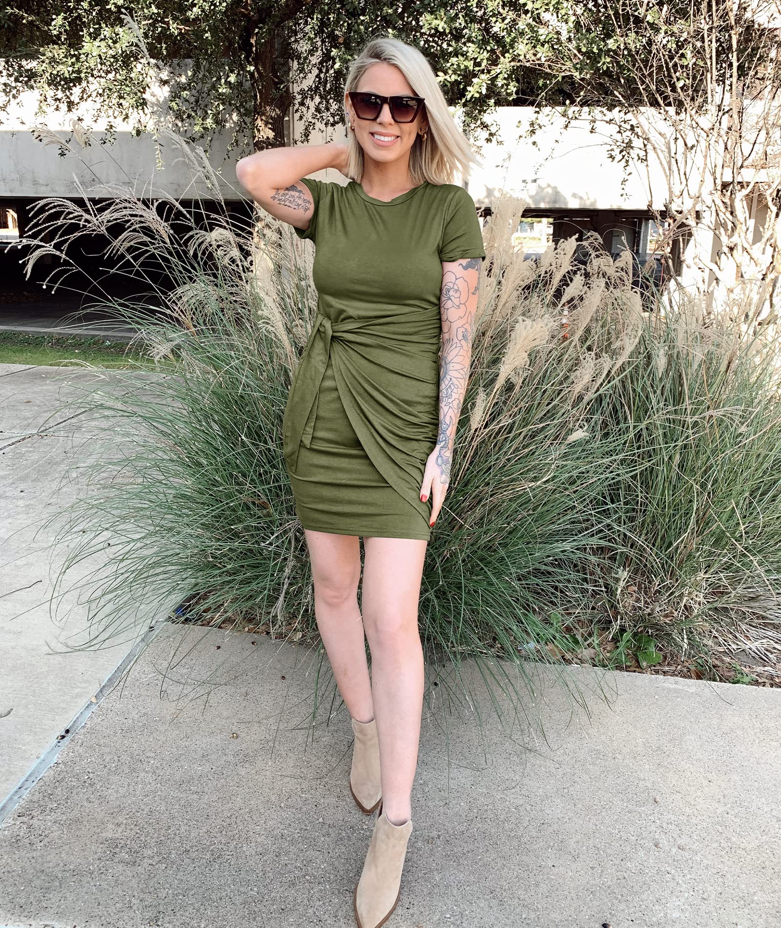 BTFBM Women 2025 Spring Casual Short Sleeve Ruched Bodycon Tank T Shirt Dress Tie Waist Sun Beach Summer Mini Dresses