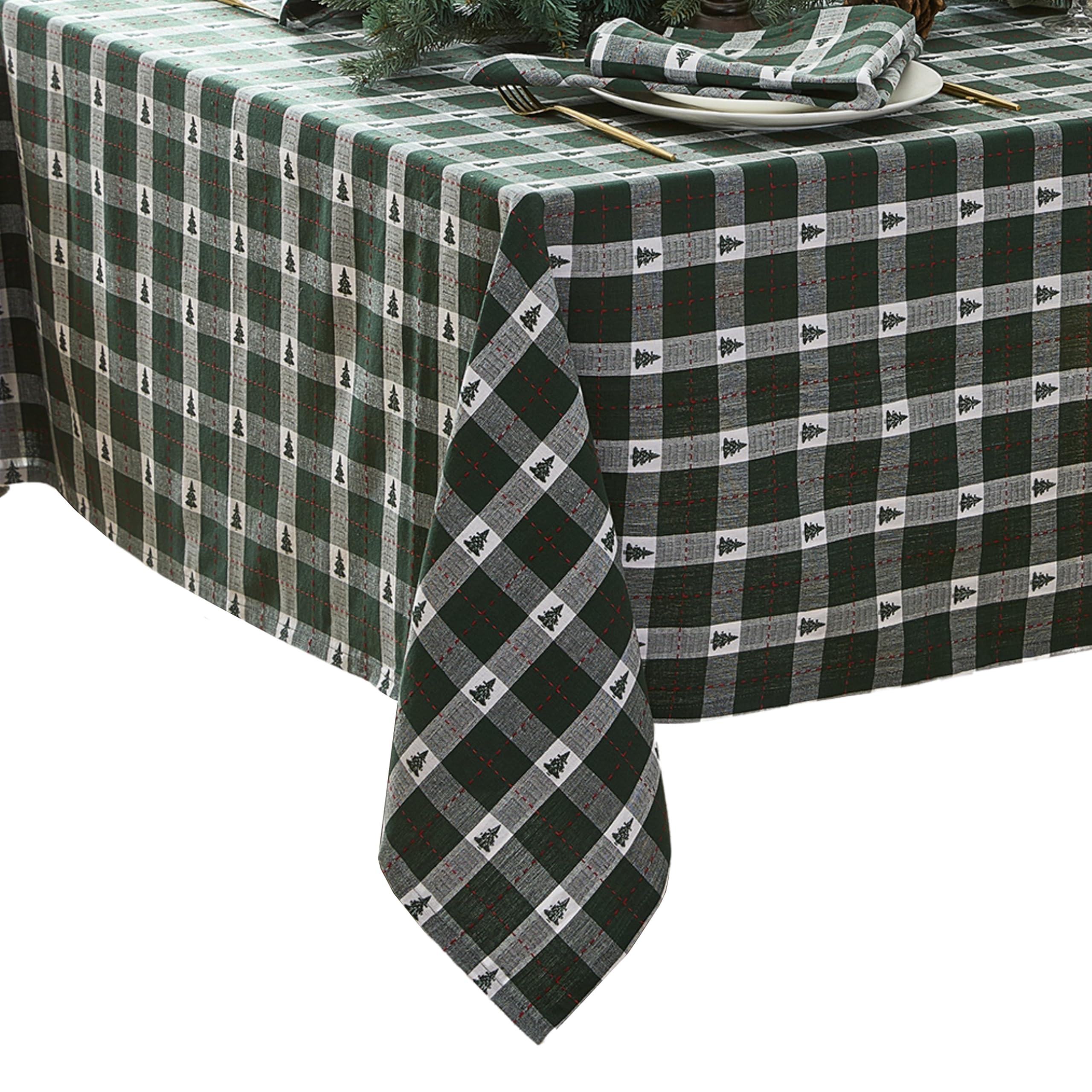 Elrene Home Fashions Sherwood Tree Dobby Christmas/Holiday Cotton Rectangle Tablecloth, 60"x120", Green