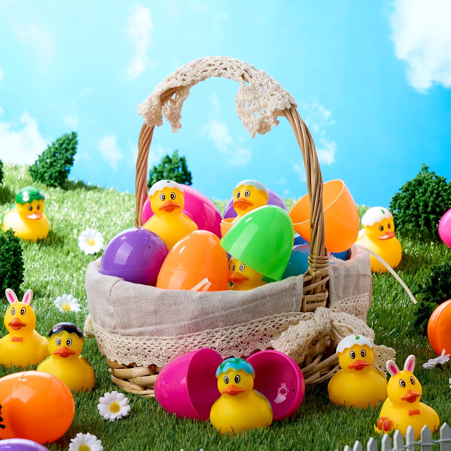 JOYIN 24 Pcs Prefilled Easter Eggs with Rubber Ducks, Variety Duckies for Easter Egg Hunt, Kids Basket Stuffer, Bath Toy Party Favors, Classroom Prize Supplies