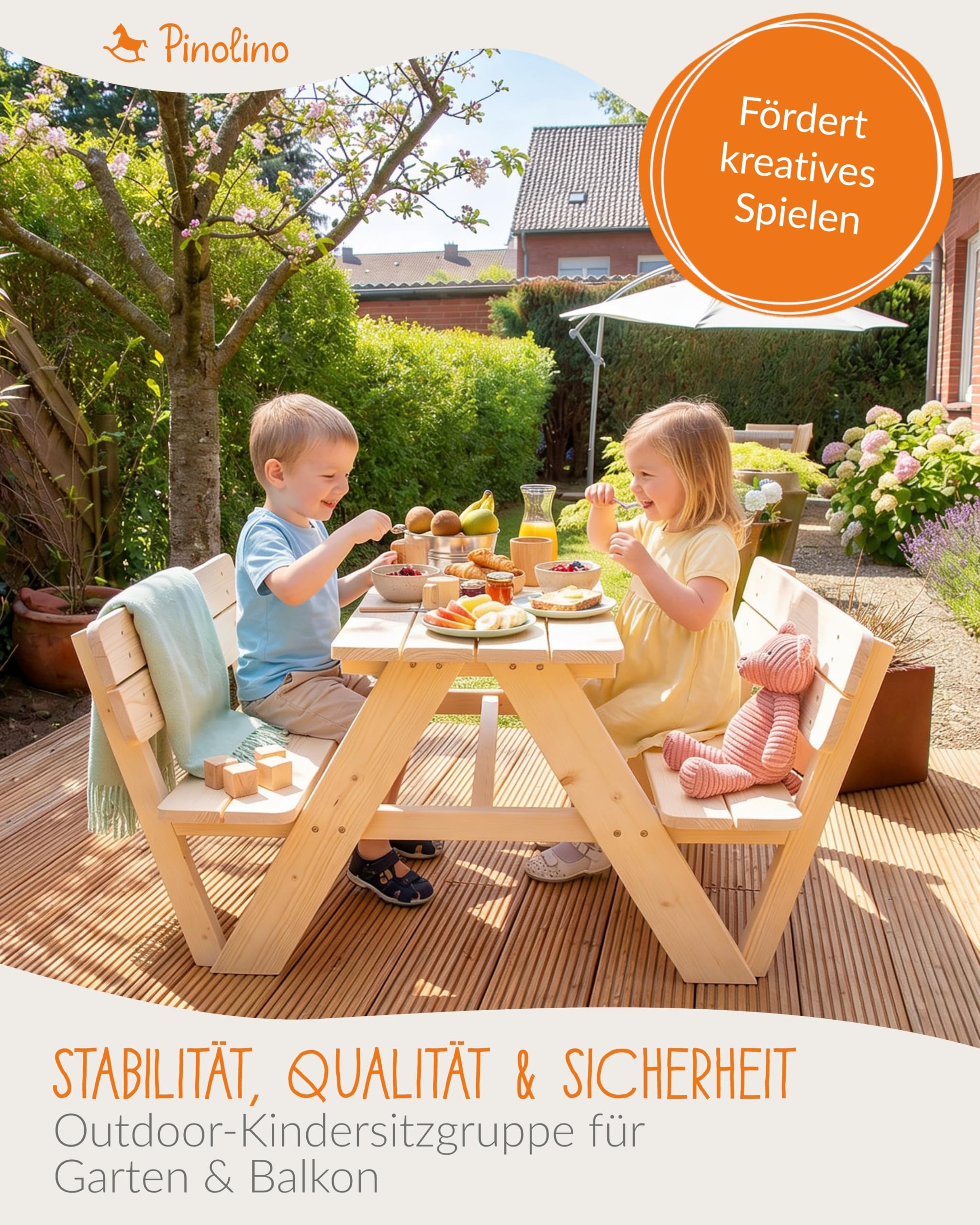 PINOLINO Nicki 4er Kindersitzgruppe mit Lehne aus Massivholz I Kinder Picknicktisch für Garten & Outdoor I Spieltisch mit Rückenlehnen für 4 Kinder I 90 x 105 x 51 cm