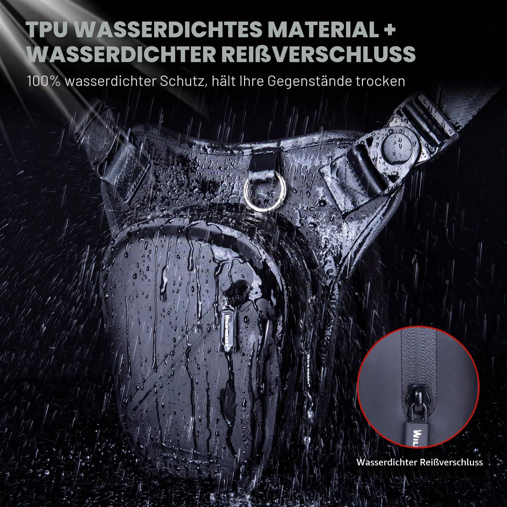 WILD HEART wasserdichte Motorrad-Oberschenkeltasche, Vielseitige Brust-/Taktik-/Bein-/Werkzeug-/Schulter-/Messenger-/Bauchtasche aus mit Seil für Outdoor-Aktivitäten (Schwarz)