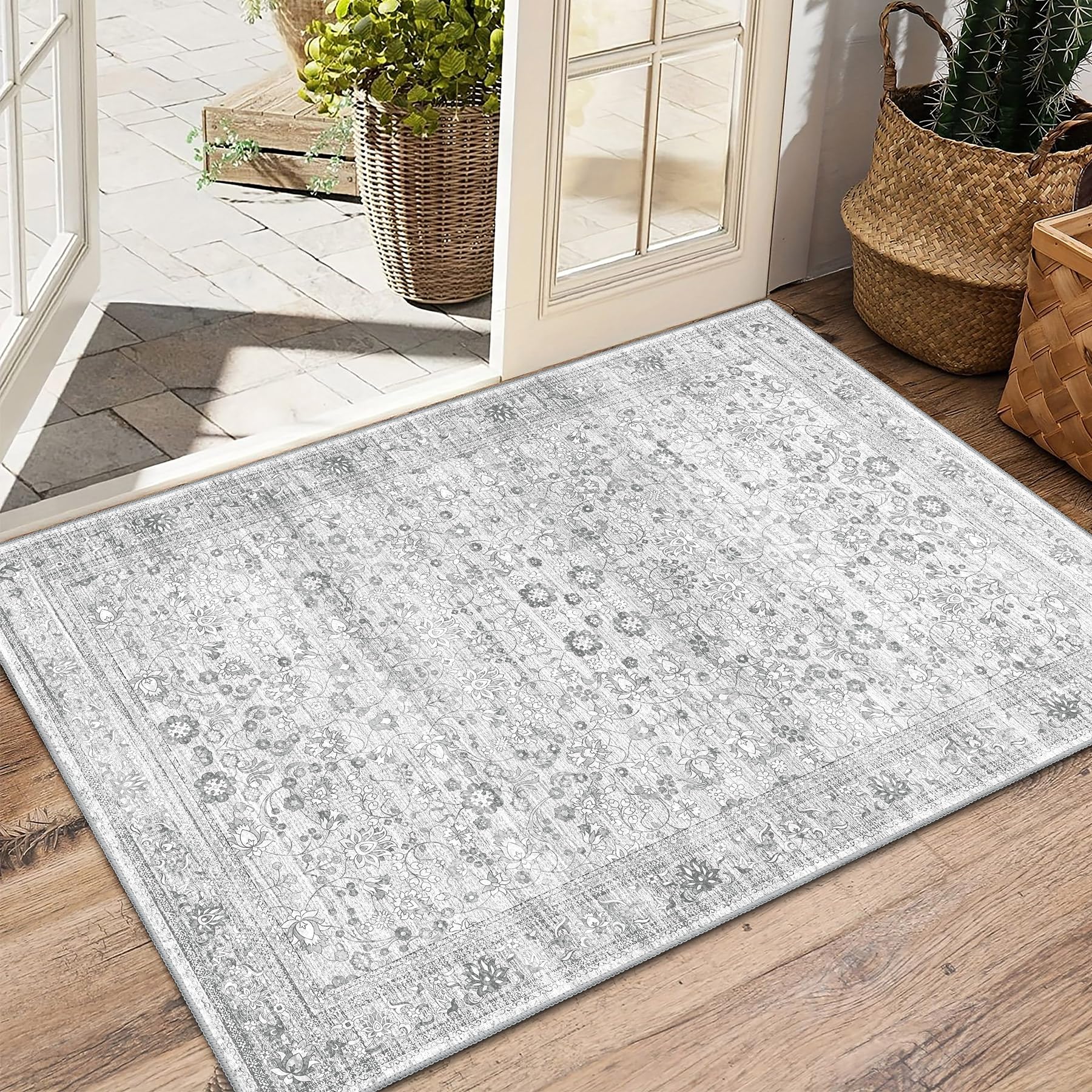 Brakki 2x3 Area Rug Washable, Boho Grey Rug for Entryway Bathroom Kitchen, Soft Small Rug Non Slip, Floral Vintage Distressed Throw Rugs Carpet for