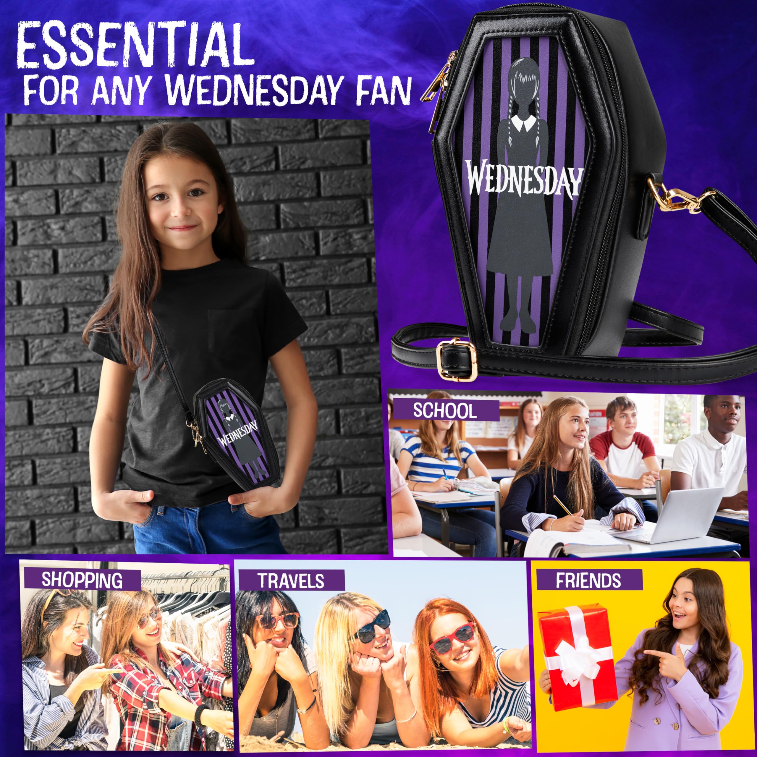 Wednesday Bolso Niña y Adolescente Bolsa Bandolera Gothic Ataúd con Correa Extraíble Viajes Movil Regalos Originales para Niñas
