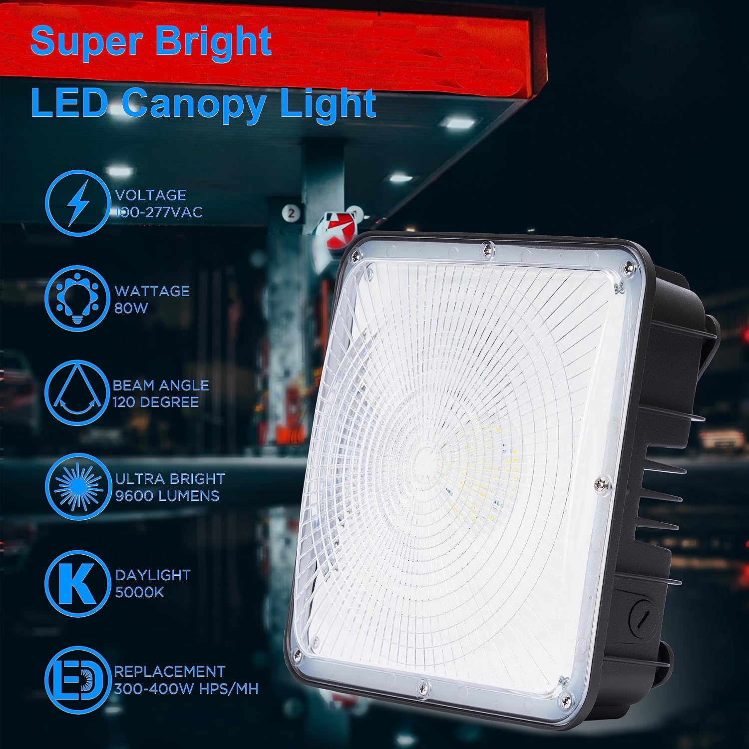 LED Canopy Light 80W, 9600lm, 100-277VAC, ETL Listed, 5000K Daylight White, IP65 Waterproof, 10.4 x 10.4, Outdoor LED Gas Station Light Fixture, Carport, Warehouse, Area & Outdoor Lighting - Brown