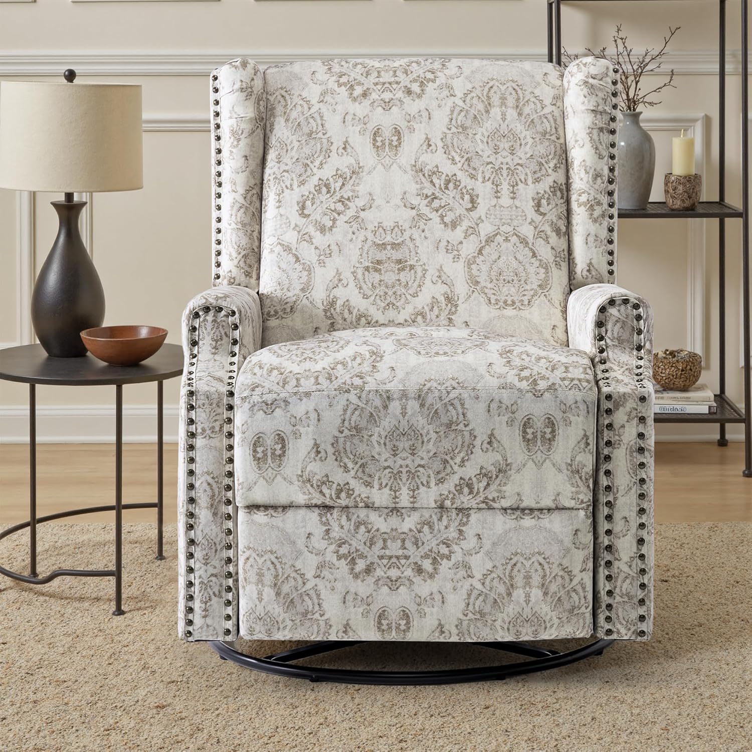 UIXE Swivel Glider Recliner Chairs Set of 2, High Back Nursery Rocker Fabric Accent Chair for Living Room, Rivet Trim Upholstered Armchair Manual Reclining Sofa Seating - Beige Floral