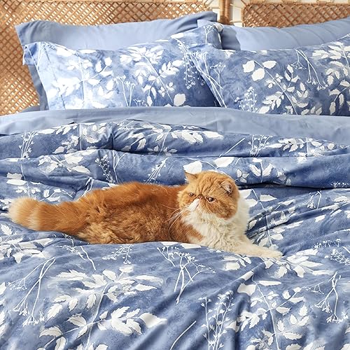 Miniatura 7 de Bedsure Juego de edredón tamaño matrimonial  7 piezas de ropa de cama de tamaño matrimonial con flores botánicas reversibles, sábanas, fundas de