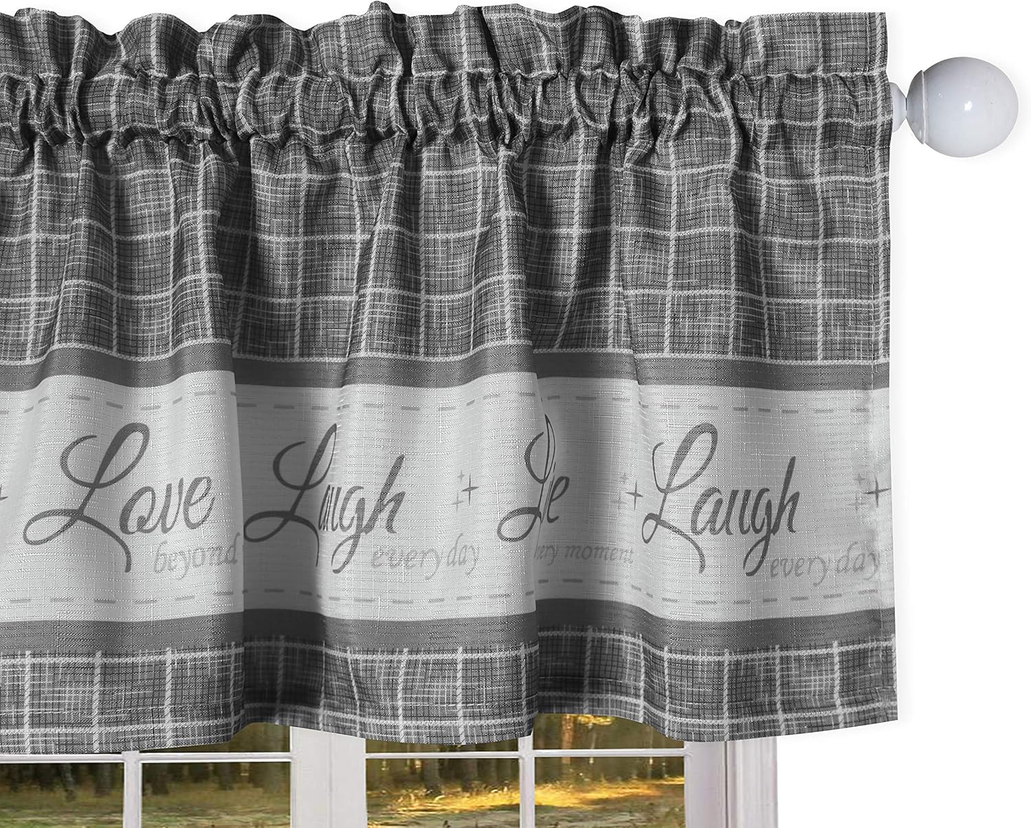Country Gingham Check Live, Love, Laugh Window Curtain Tier Pair and Valance Set, Pair & Valance 58" x 36" (Grey, Tier Pair & Valance Set 58" x 36")