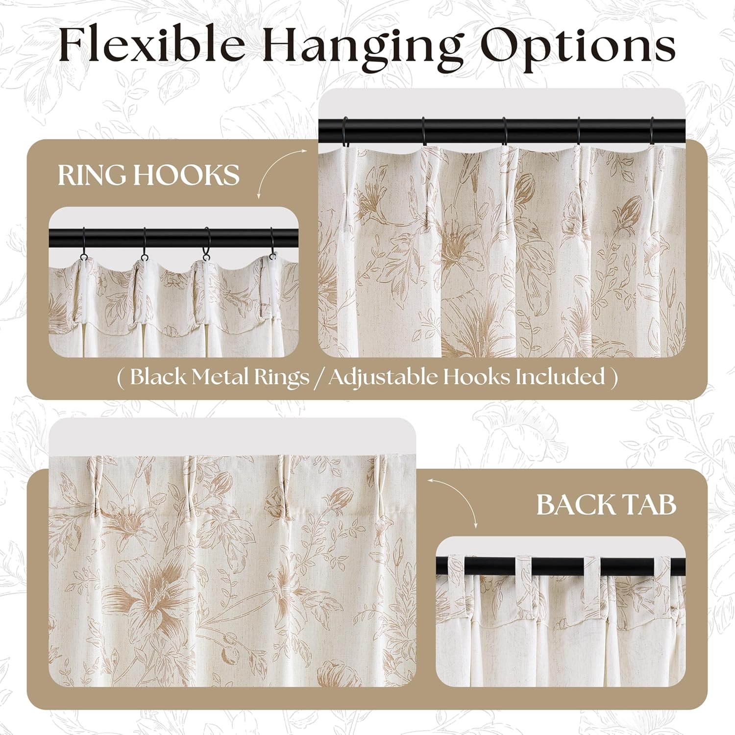 Short Tan Floral Linen Cafe Curtains 36 Inches Long for Bathroom French Country Light Filtering Peony Flower Printed Curtain Semi Sheer Back Tab Decorative Drape for Laundry Camper RV 2 Panels Set