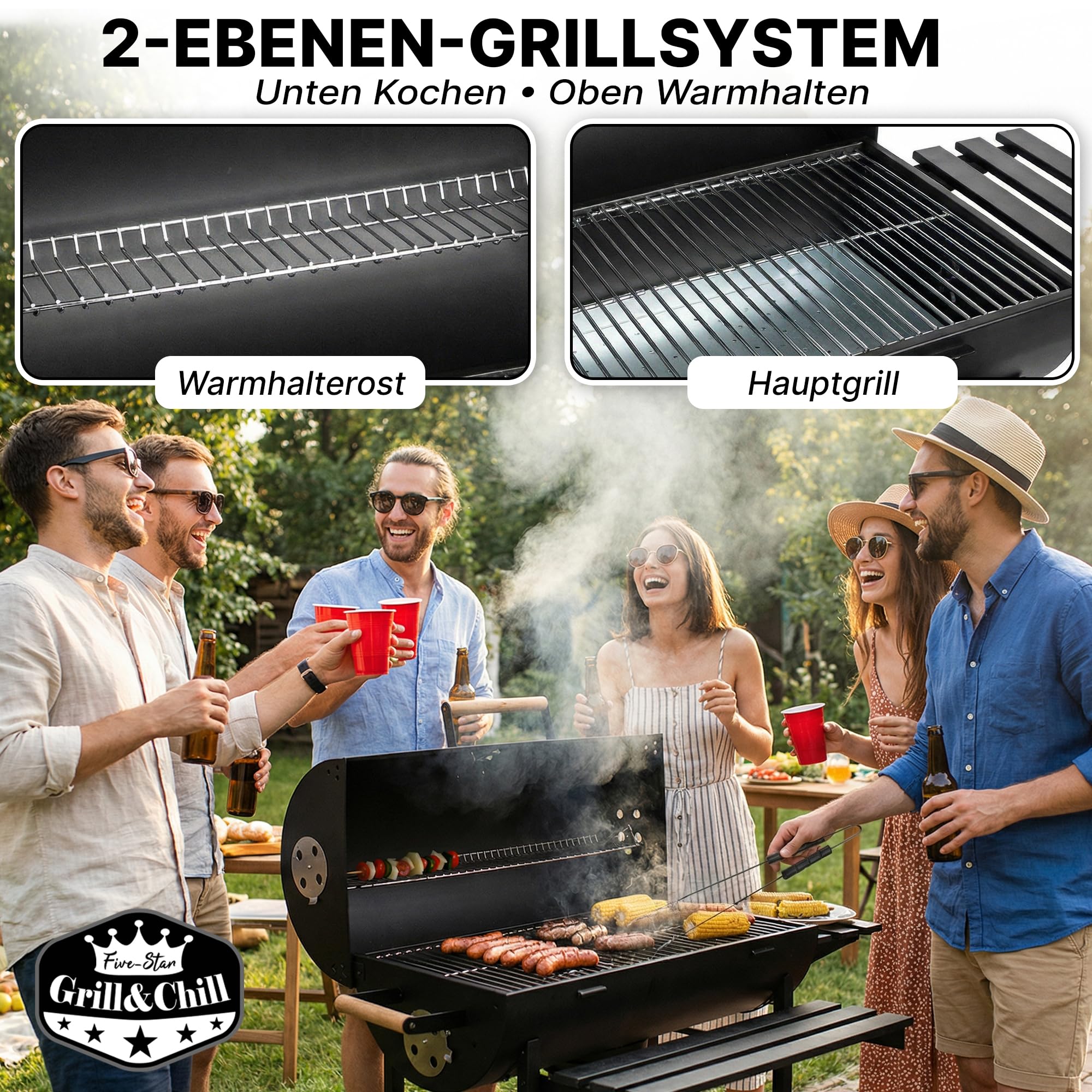 Five-Star Grill&Chill Holzkohlegrill mit Deckel – Großer Grillwagen mit Chromrost 71×35 cm & Thermometer – Für Garten & Terrasse – Aschekasten, Lüftungsöffnungen, 2 Räder