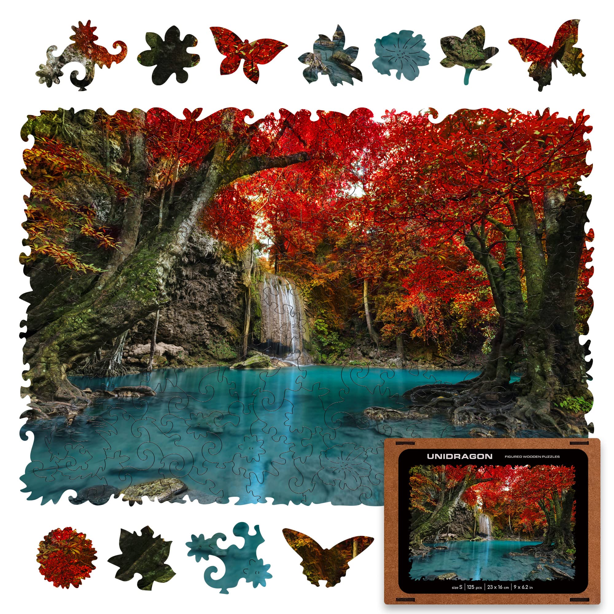 UNIDRAGON Original Wooden Jigsaw Puzzles - Nature Erawan Waterfall, 125 pcs, Small 9"x6.2", Beautiful Gift Package, Unique Shape Best Gift for Adults and Kids