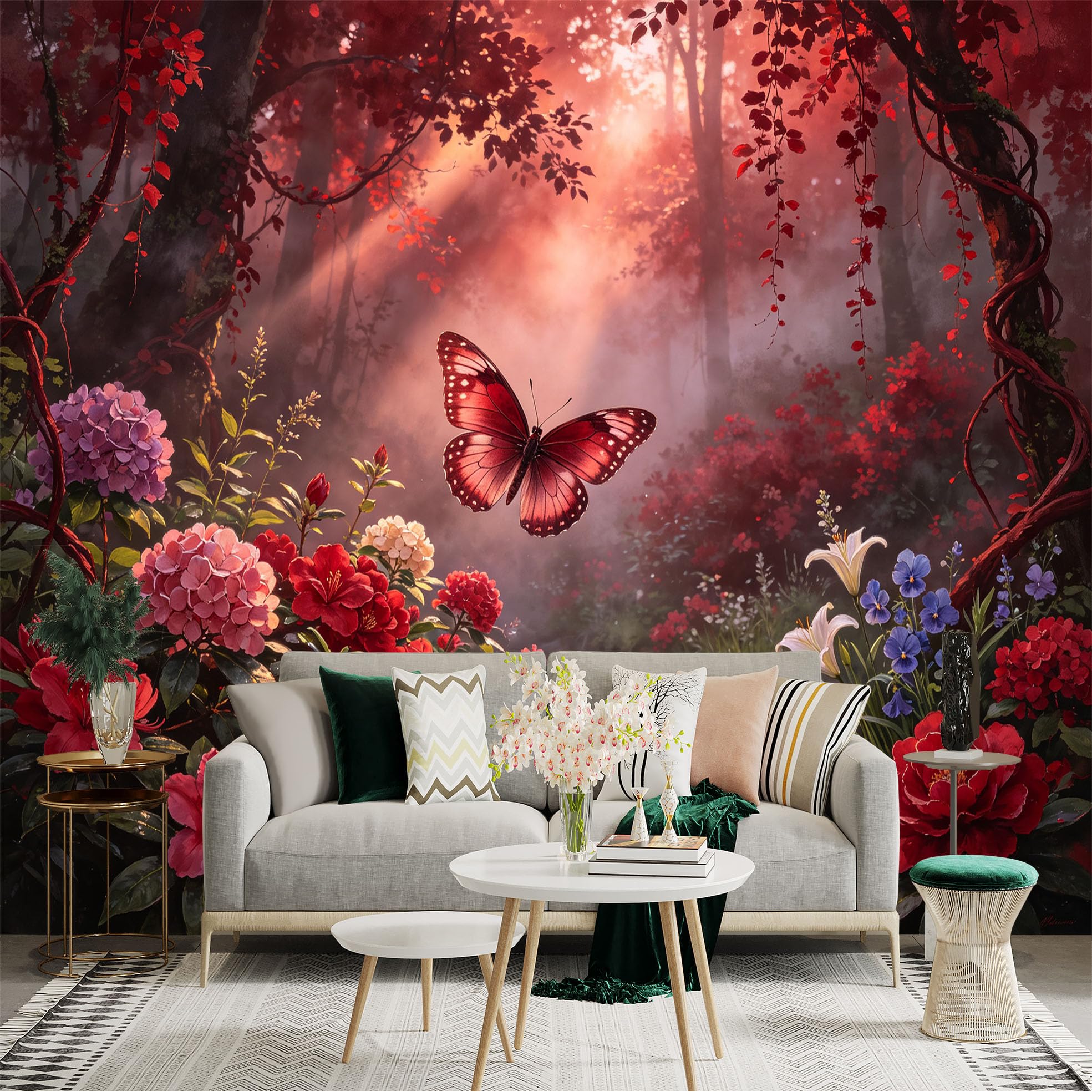 Lnzczhyre Bh260719478 Custom Size Wall Sticker Mural， Red Butterfly In Enchanted Forest， Vibrant Floral Landscape， Serene Stream And Magical Sunbeams， For Wall Decoration， Peelandstick Wall Decals.
