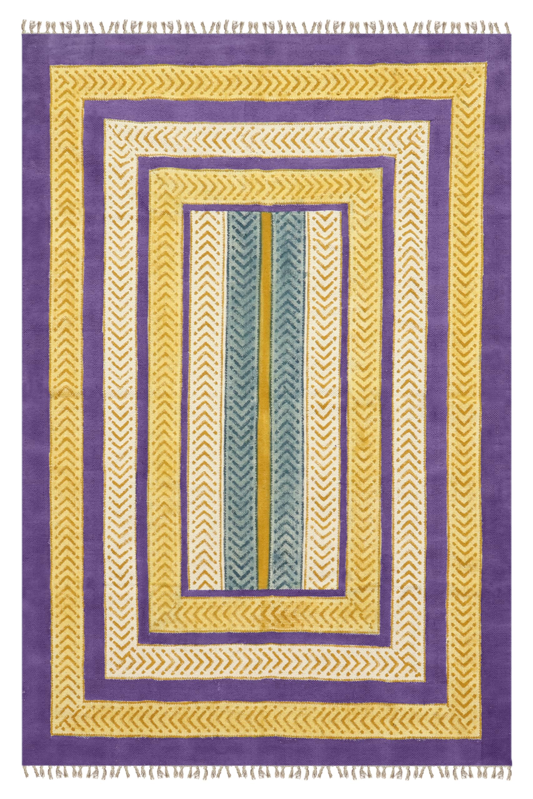 Tapis kilim coton violet jaune tissé plat pour intérieur et extérieur