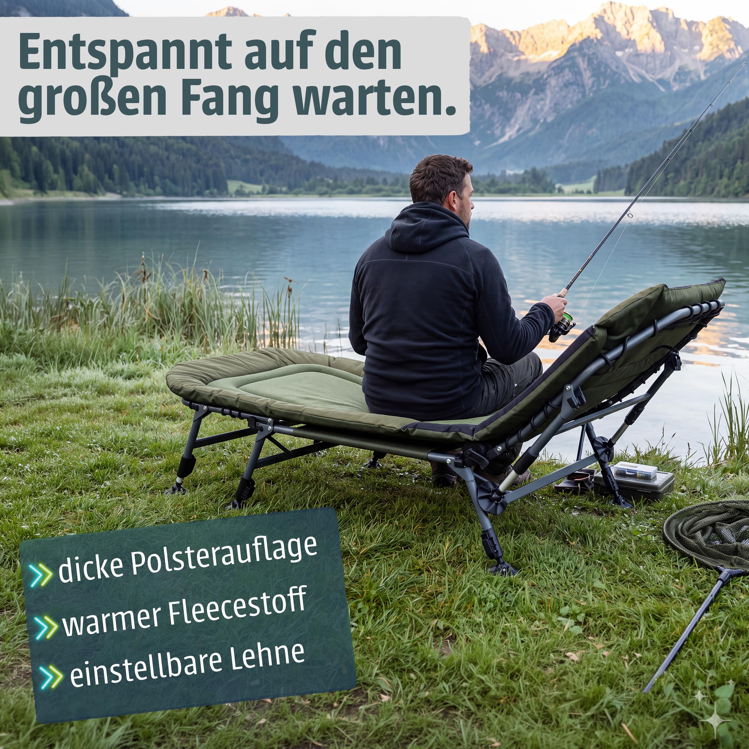 Kingpower Karpfenliege 8 Bein Angelliege Campingliege Bedchair Feldbett | Grün, stabil, bequem, Angeln, Fischen