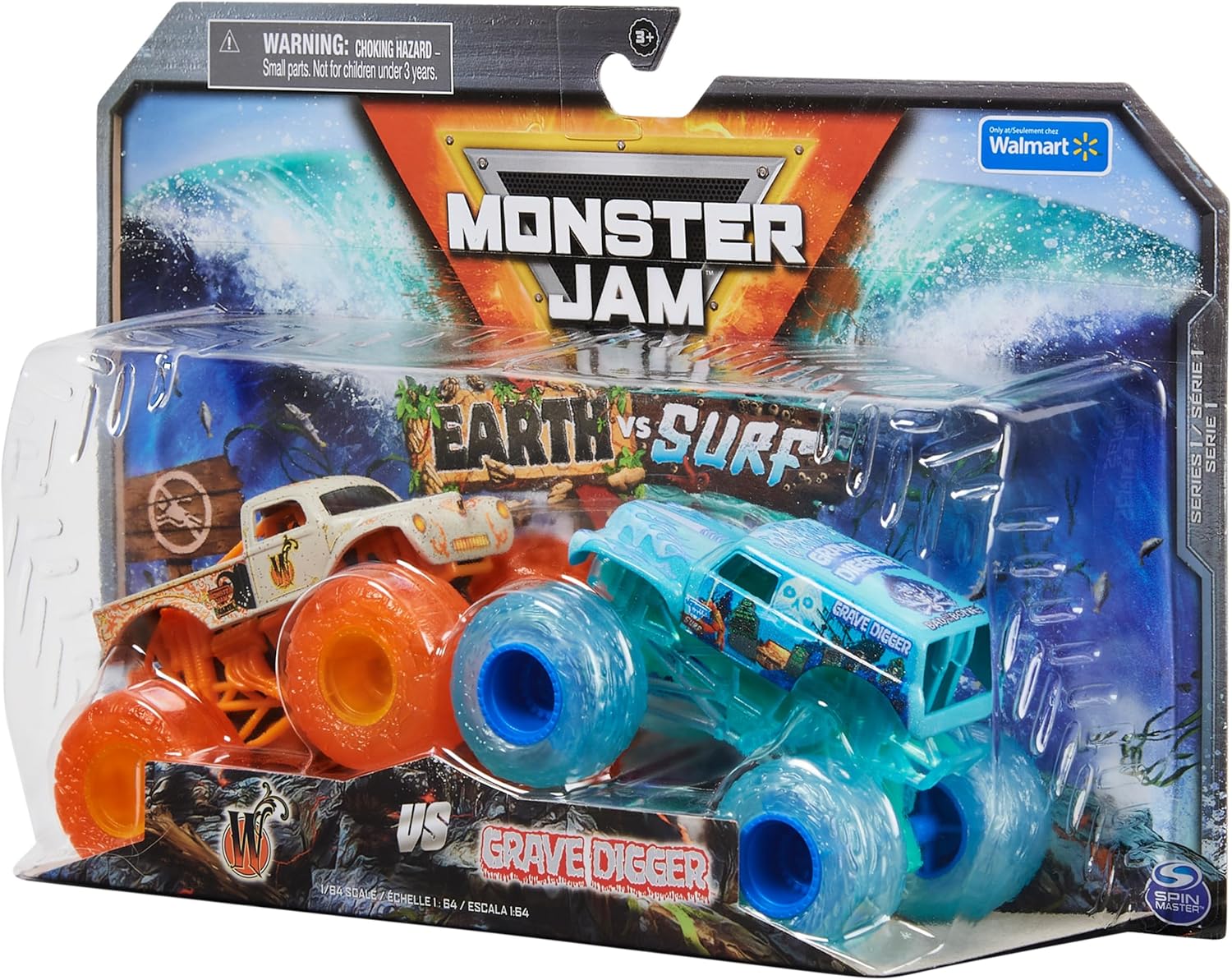 Monster Jam, Official Whiplash Earth Vs. Grave Digger Surf 1:64 Scale Die-Cast Monster Trucks (Walmart Exclusive), Kids Toys for Boys Ages 3 and up