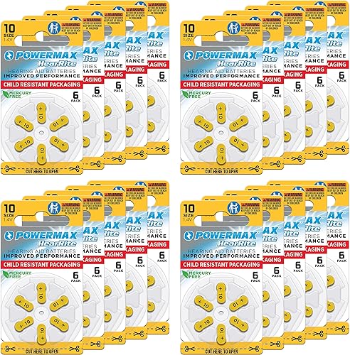 Miniatura 13 de Powermax Baterías para audífonos tamaño 10, paquete de 60 baterías de larga duración, pestaña larga amarilla para un fácil cambio